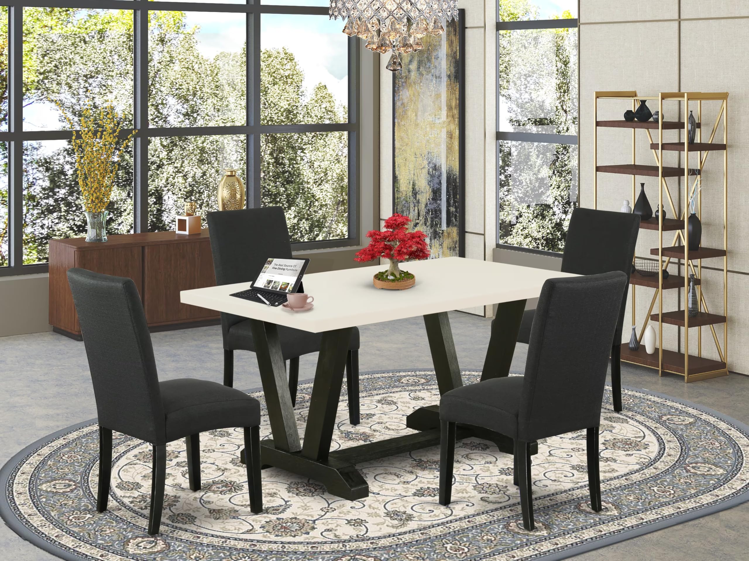 East West Furniture V626Dr124-5 5 Piece Dining Table Set For 4 Includes A Rectangle Kitchen Table With V-Legs And 4 Black Color Linen Fabric Parson Dining Chairs, 36X60 Inch, Multi-Color