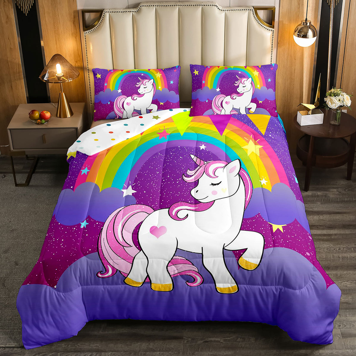Girls Unicorn Comforter Set Twin Girls Bedding Set Cute Rainbow Unicorn Print Down Comforter Kids Cartoon Kawaii Duvet Set Galax