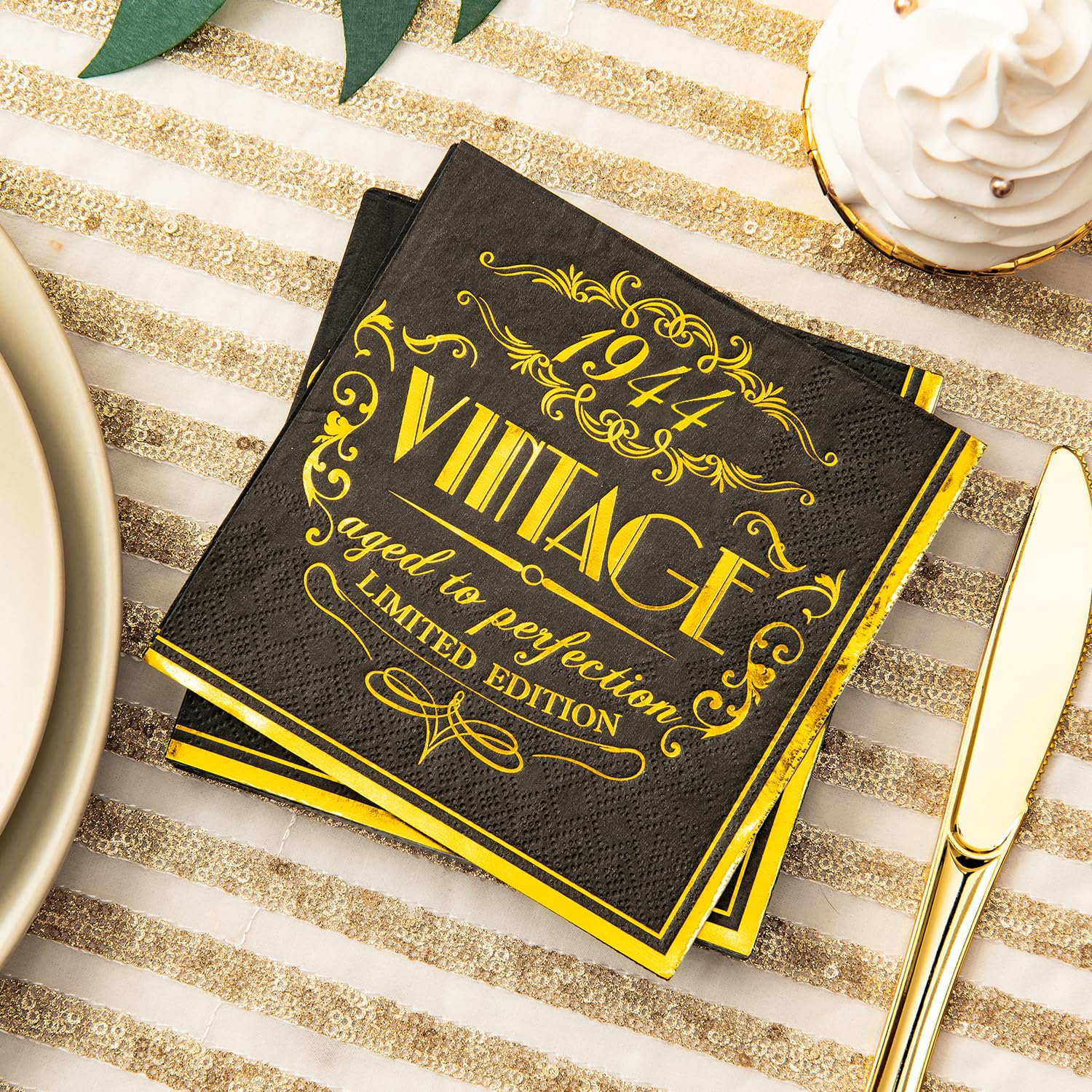 Crisky 80Th Birthday Napkins For Men 80Th Birthday Table Decorations Black Gold Vintage 1944 Beverage Dessert Cake Table Decorat