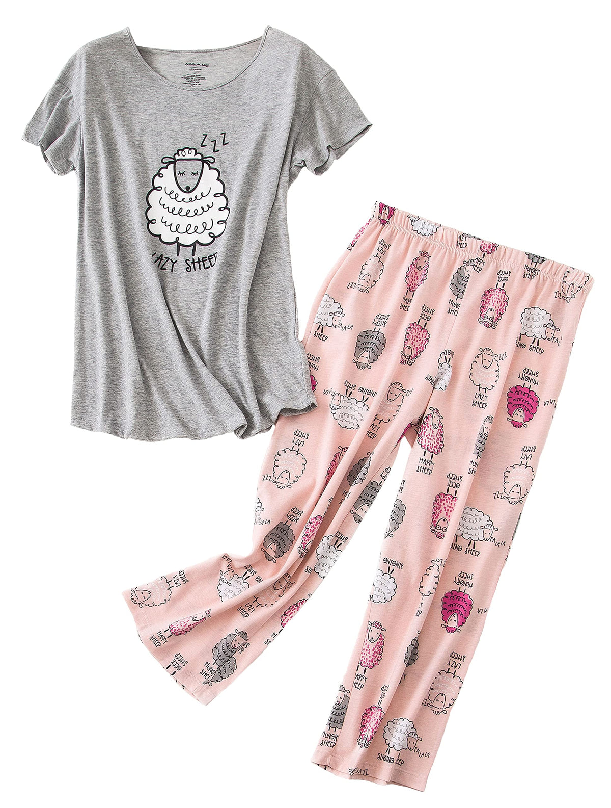 Pnaeong Womenas Pajama Set - Cotton-Blend Short-Sleeve Loose Top With Matching Capri Bottoms Sy296-Lazy Sheep-2Xl