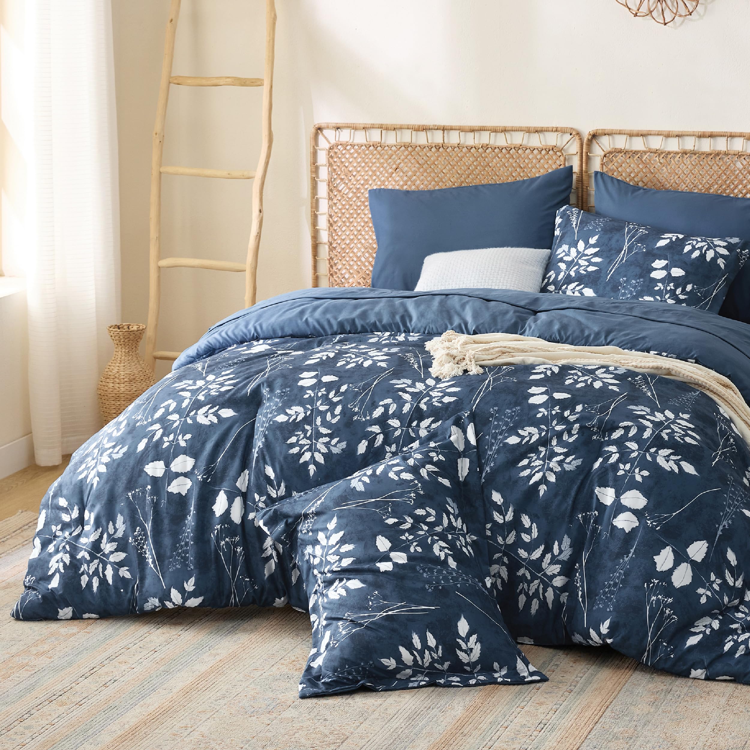 Bedsure Navy Full Comforter Set - 7 Pieces Floral Bedding Sets Full Bed In A Bag With Reversible Botanical Flowers Comforter, Sheets, Pillowcases & Shams