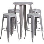 Flash Furniture Ormsby Commercial Grade 24" Round Silver Metal Indoor-Outdoor Bar Table Set with 4 Square Seat Backless Stools