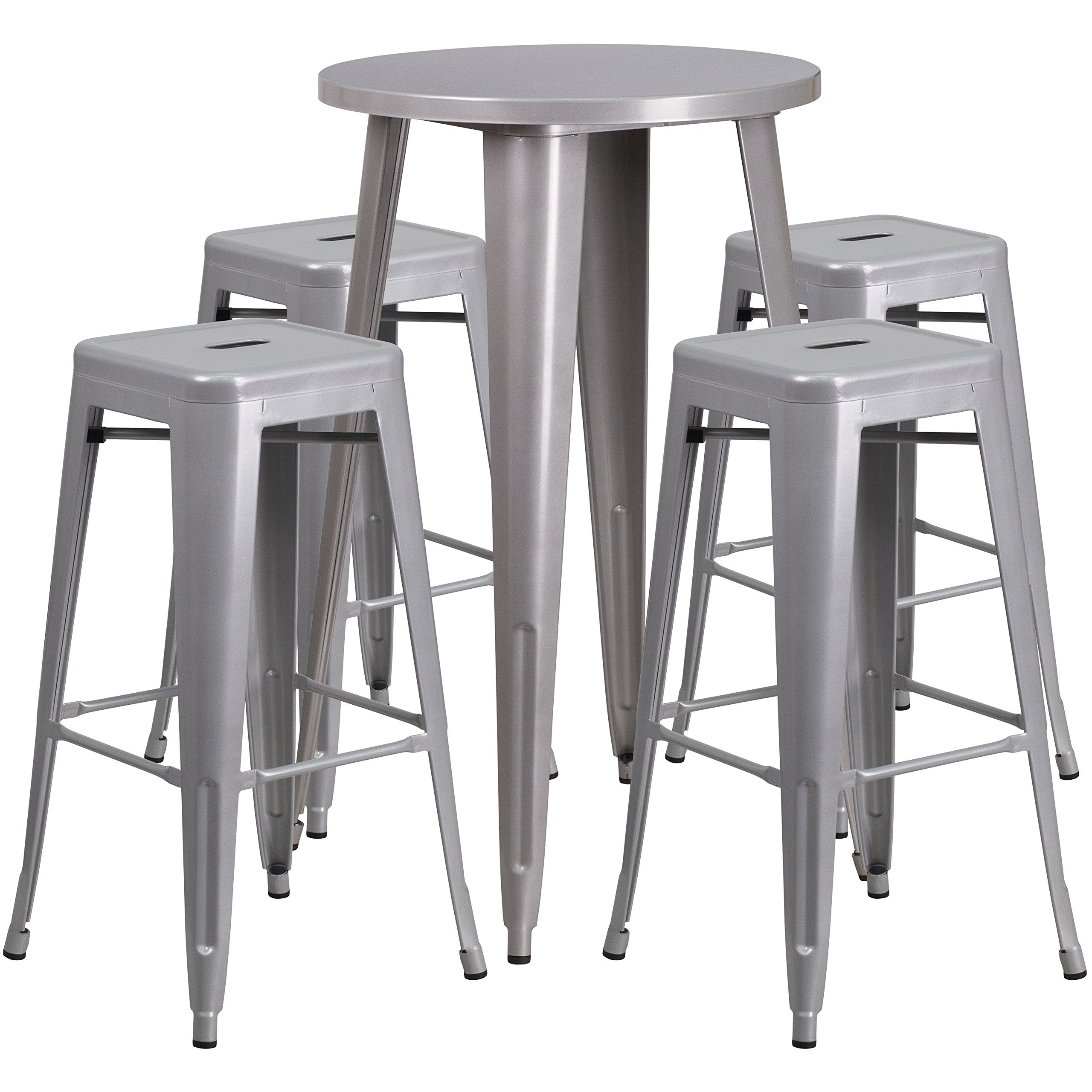 Flash Furniture Ormsby Commercial Grade 24" Round Silver Metal Indoor-Outdoor Bar Table Set with 4 Square Seat Backless Stools