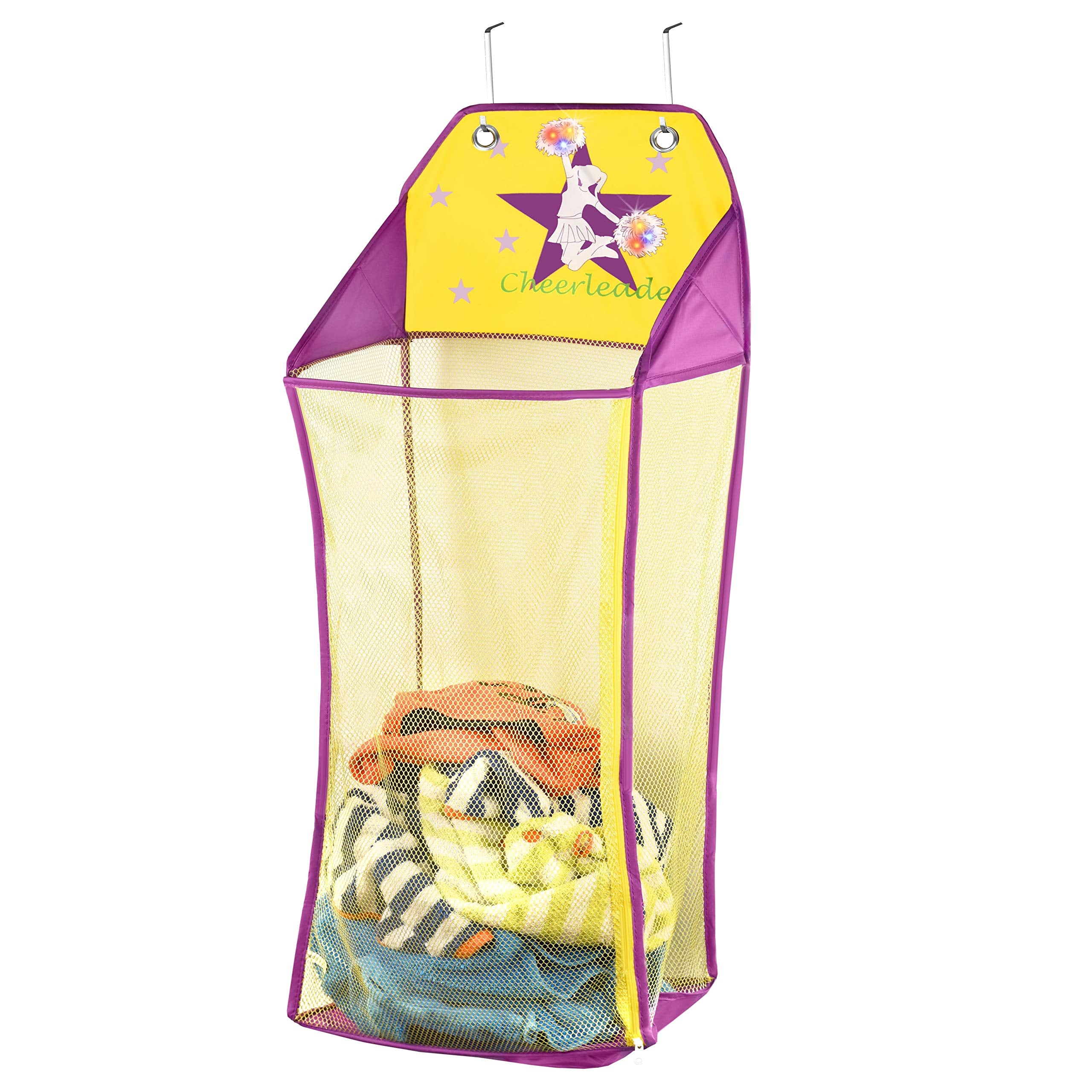 Store & Score Over The Door Hanging Kids Fun LED Cheerleader Light-Up Collapsible Mesh Laundry Hamper, Toy Chest, Heavy Duty Met