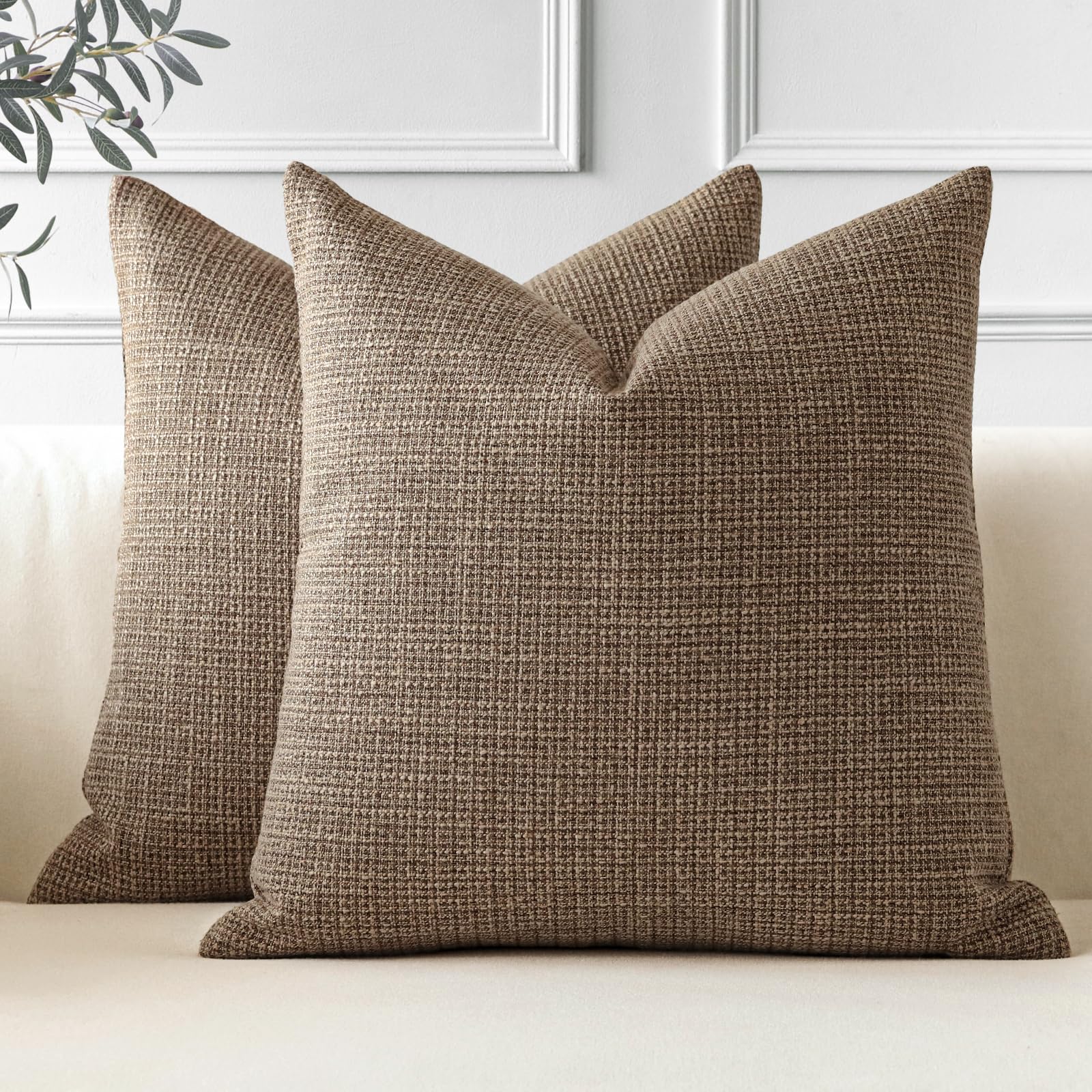 OTOSTAR Pack of 2 Throw Pillow Covers 18x18 Inch Linen Coffee Brown Pillowcases Farmhouse Decorative Solid Pillow Covers 45x45 c
