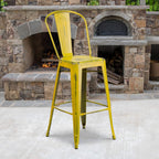 Commercial Grade 30 High Distressed Yellow Metal Indoor-Outdoor Barstool with Back