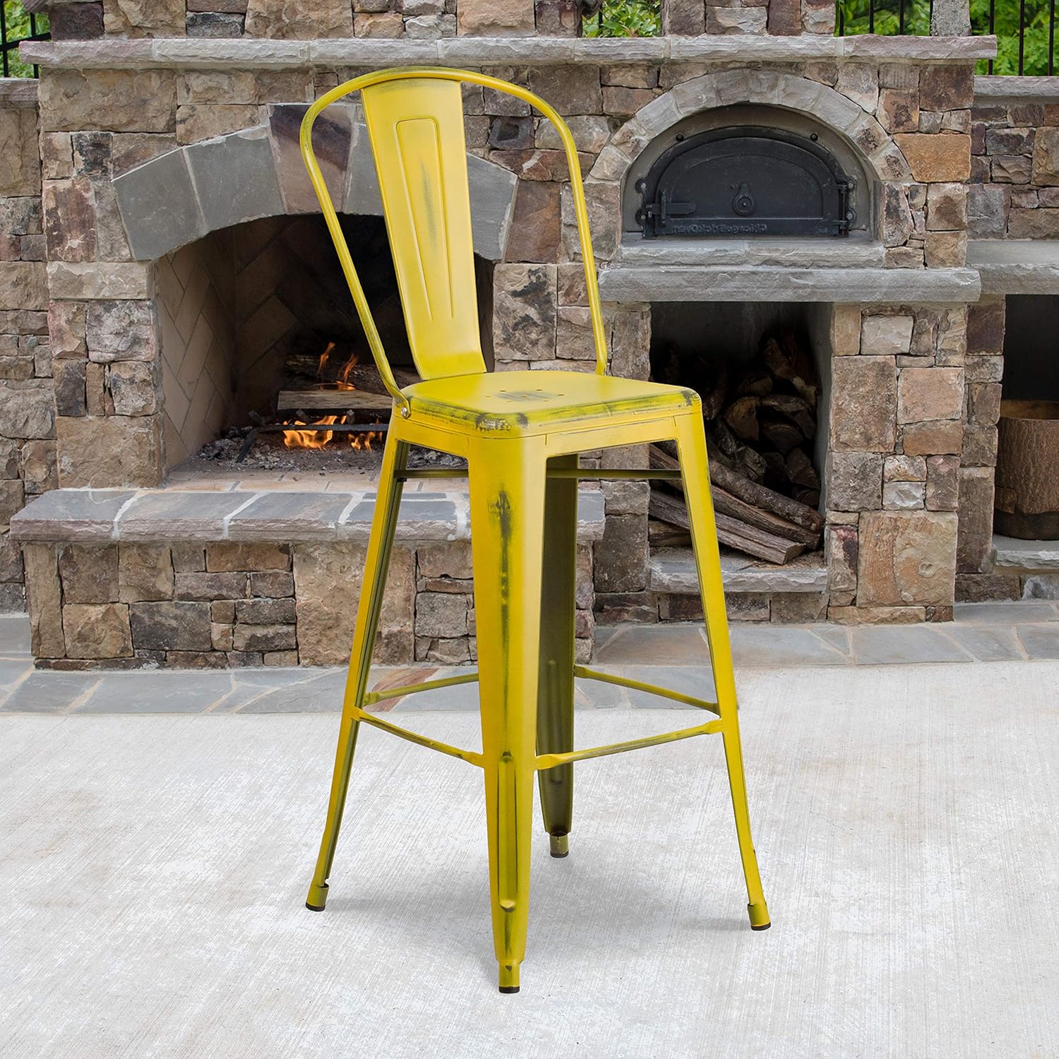Commercial Grade 30 High Distressed Yellow Metal Indoor-Outdoor Barstool with Back