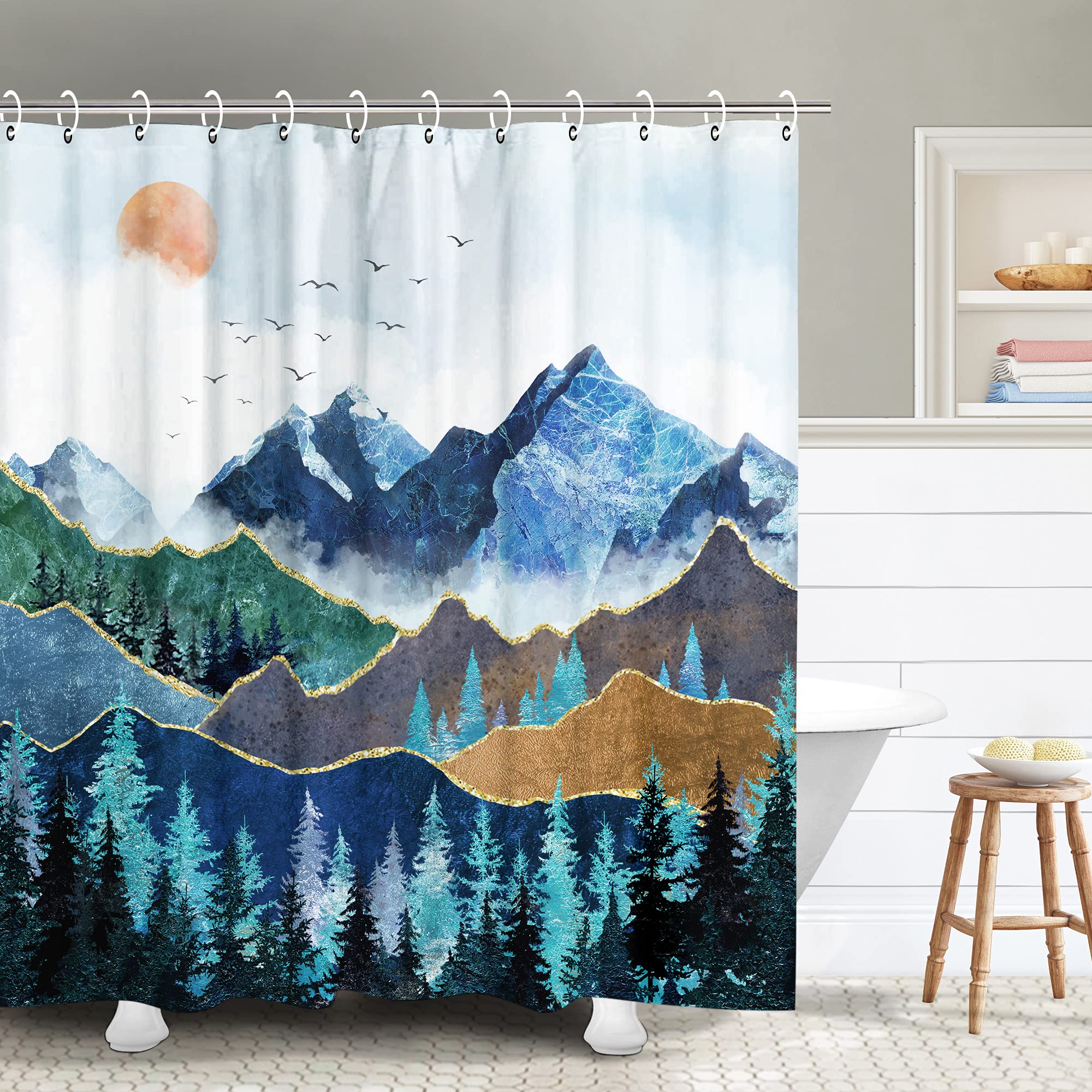 RosieLily Mountain Shower Curtain, Nature Shower Curtain Blue Shower Curtain Set Hooks, Waterproof Cool Art Forest Shower Curtai