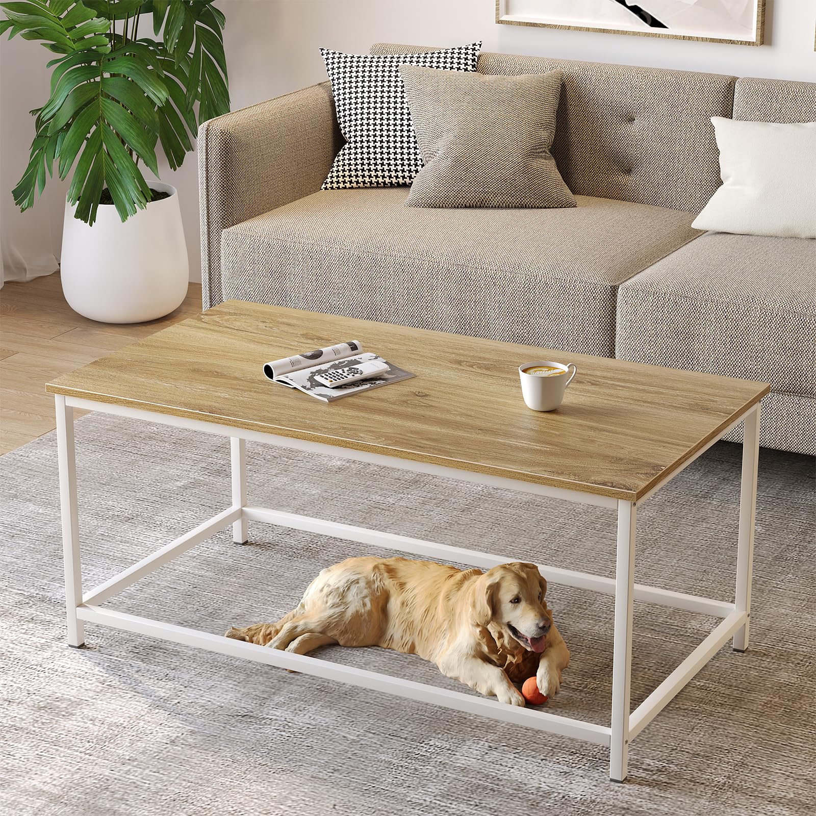 Saygoer Coffee Table Simple Modern Coffee Tables Open Design Rectangular Minimalist Center Table For Living Room Home Office, Easy Assembly, 39.37 X 19.69 X 17.72, Oak White