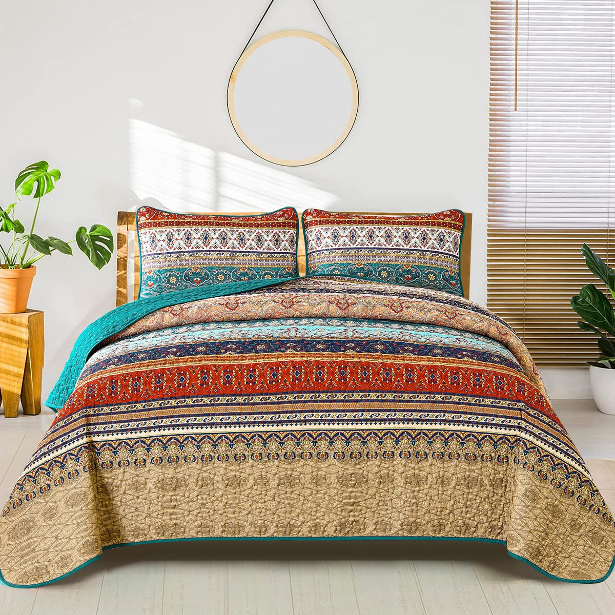 Wongs Bedding Boho King Quilt Set, Green And Brown Bohemian King Quilt Bedding Set, Lightweight Microfiber Bed Decor Bedspread F