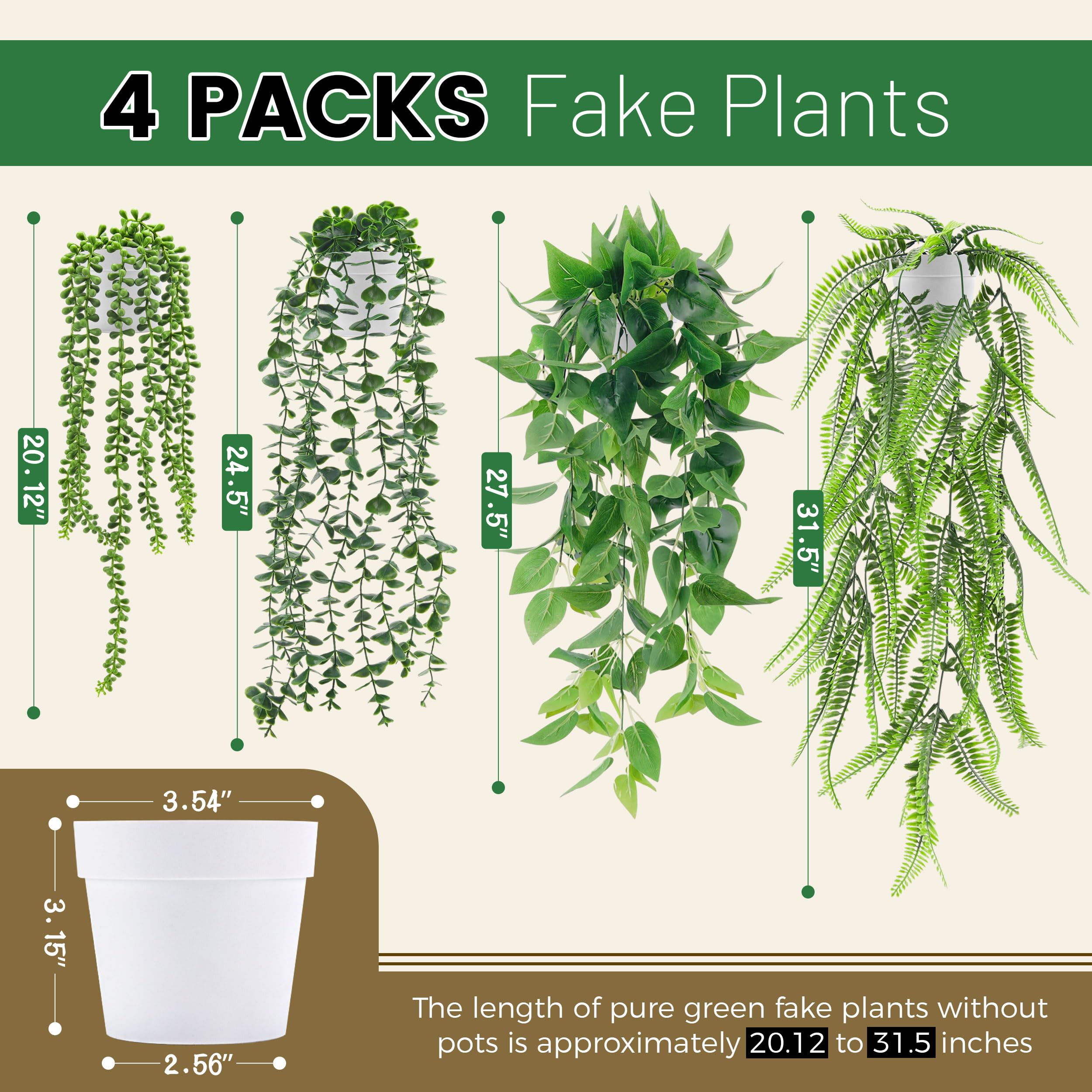 Der Rose 4 Pack Fake Plants Hanging With Pots Artificial Ivy Vine Faux Eucalyptus Hanging Plants, Boston Fern, String Of Pearls
