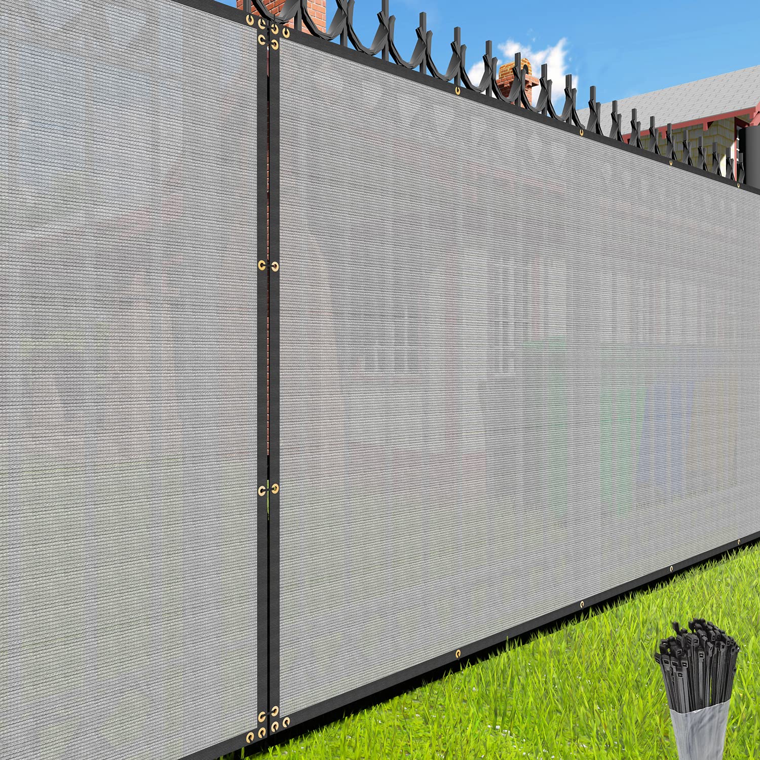 E&K Sunrise Fence Privacy Screen With Zipties, Gray 6' X 61' Commercial Outdoor Backyard Porch Deck Shade Windscreen Mesh Fabric