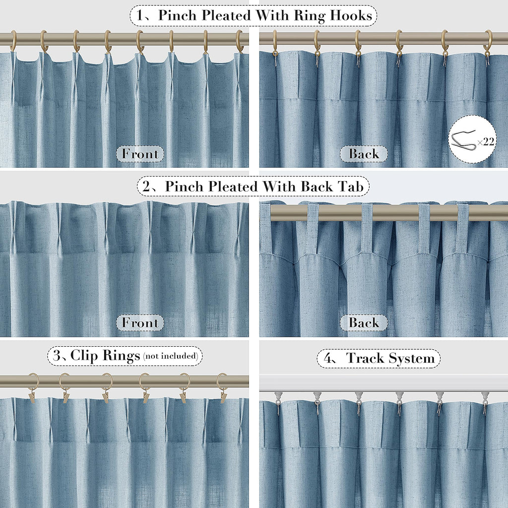 Joywell Linen Blend Pinch Pleated Curtains 90 Inch Long,Back Tab Clip Rings Semi Sheer Light Filtering Window Drapes Soft Lightweight With Hooks For Bedroom Living Room,W50 X L90,Blue,2 Panels Set