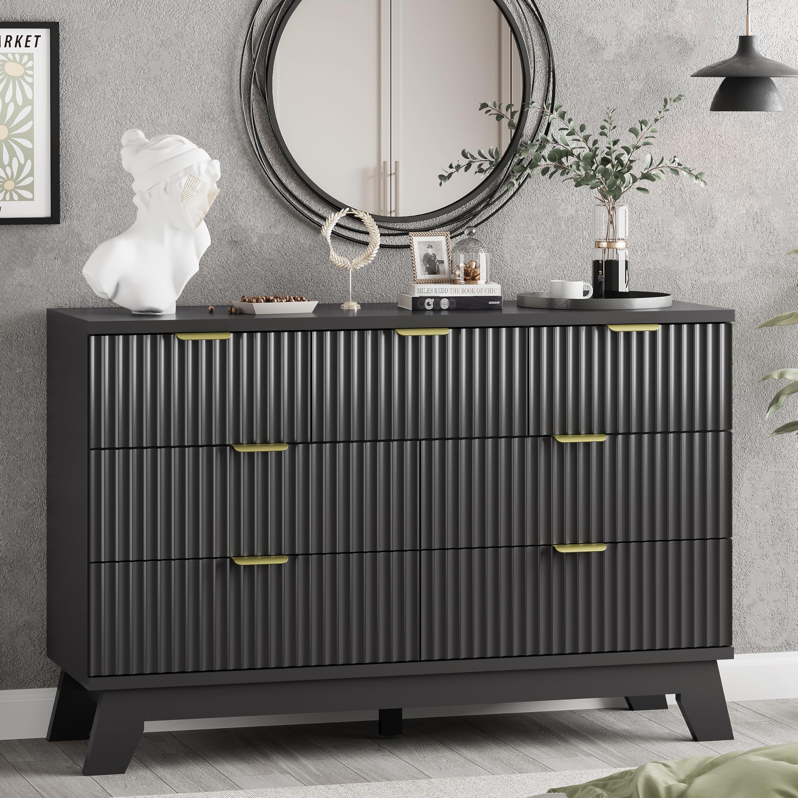 Xixini Fluted Dresser for Bedroom with 7 Drawers, 48 Wide Chest of Drawers with Metal Handle, Modern Wood Dresser TV Stand, Wood