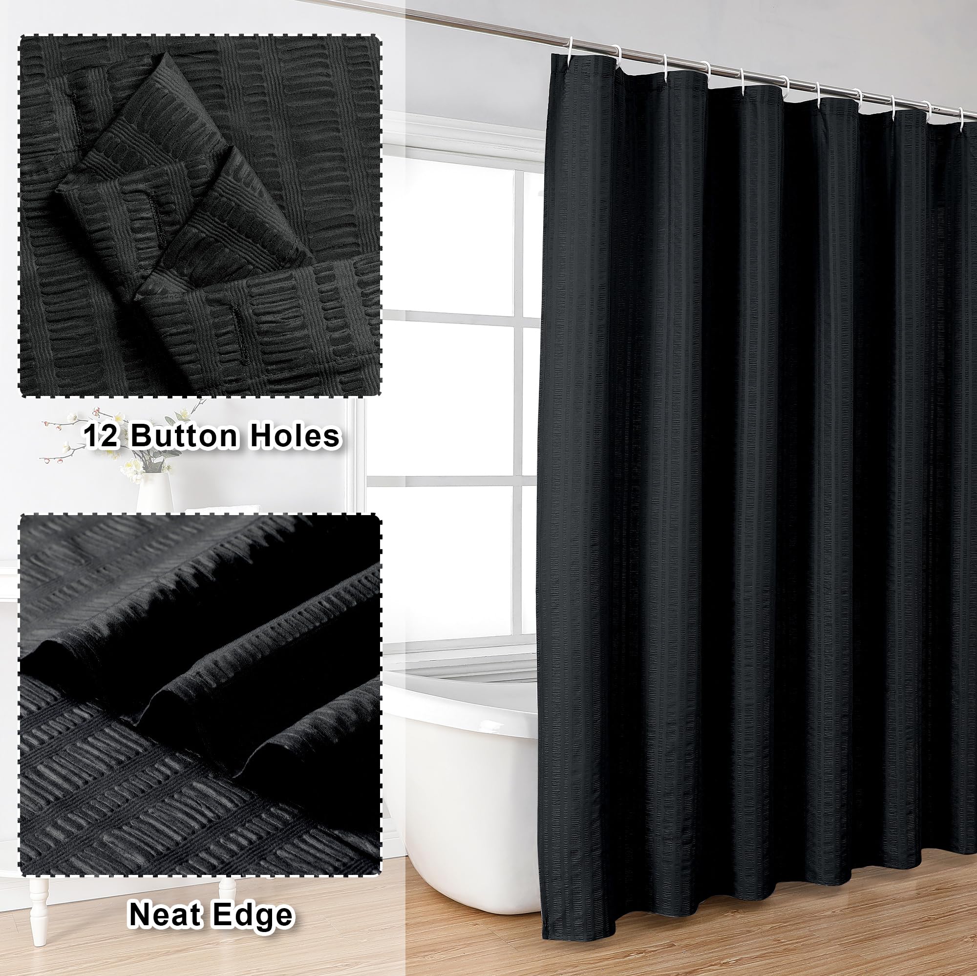 Aiyufeng Moga Extra Long Black Shower Curtain 96 Inch Long, Embossed Texture Fabric Bathroom Shower Curtain, Large Hotel Bath Cu