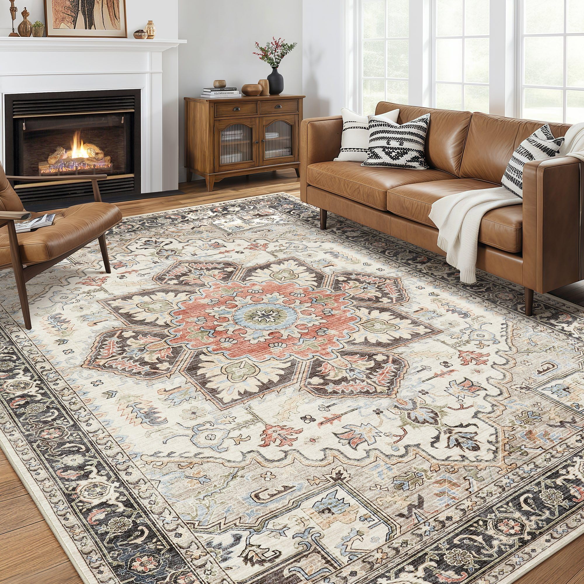homewill Area Rug Living Room Rugs - 8x10 Soft Machine Washable Oriental Vintage Floral Distressed Rug Large Indoor Floor Carpet