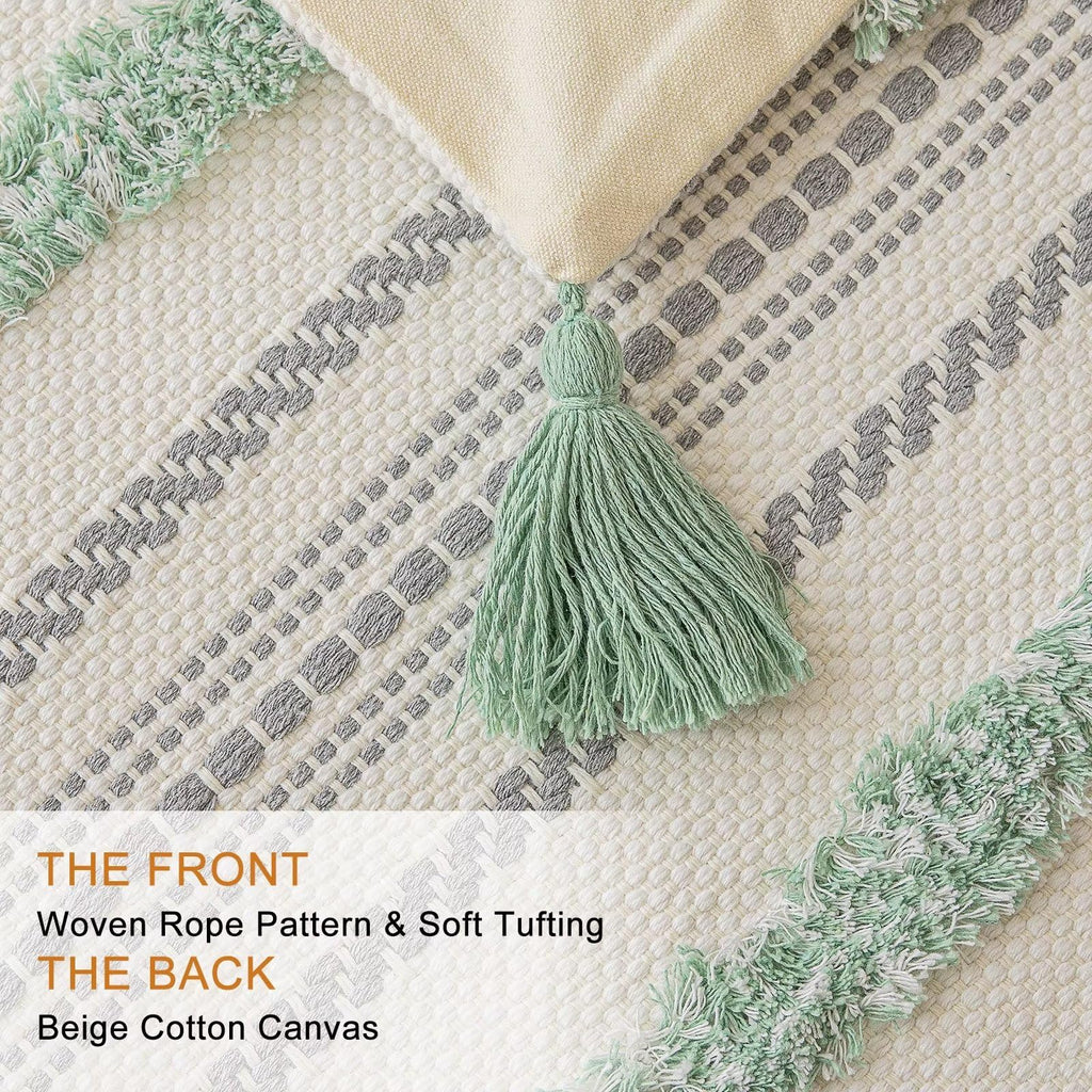 Buiovbey Boho Throw Pillow Covers 18X18 Set Of 2 Woven Tufted Farmhouse Pillows Cover With Tassels Textured Striped Cushion Case
