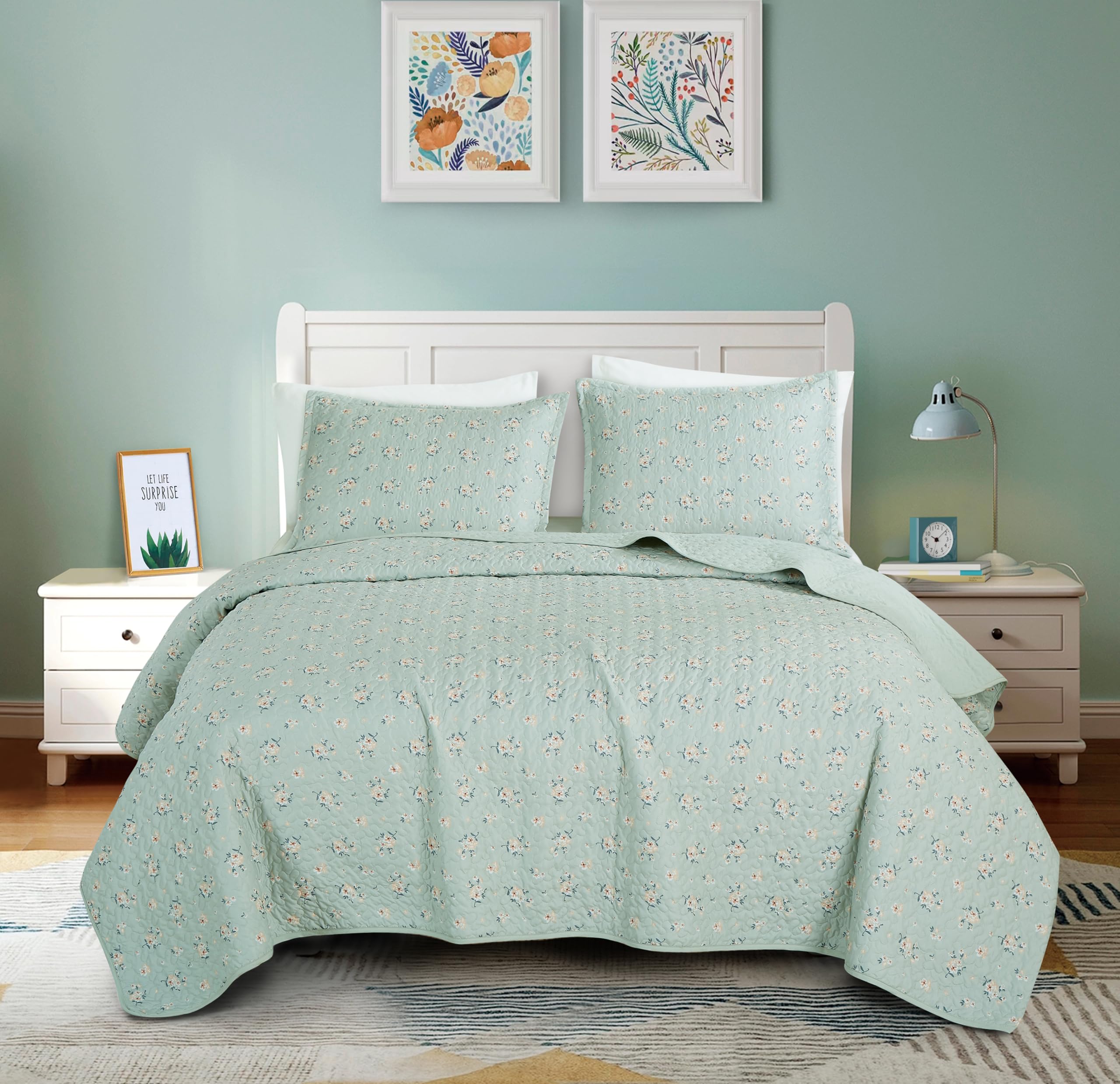 Chezmoi Collection Thistle 3-Piece Tranquil Floral Quilt Set King - Soft Green White Floral Printed Microfiber Lightweight Bedsp