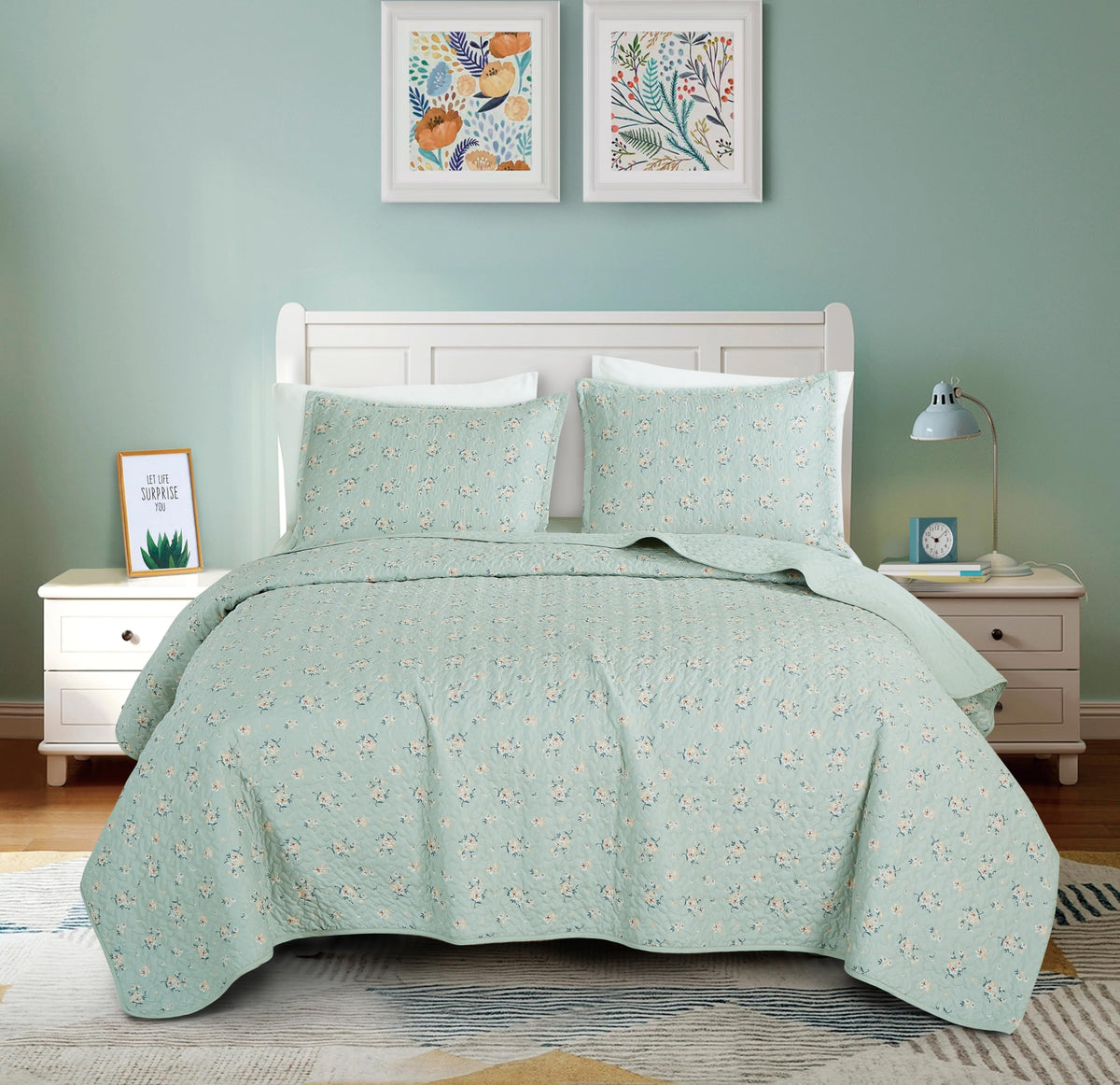 Chezmoi Collection Thistle 3-Piece Tranquil Floral Quilt Set Queen - Soft Green White Floral Printed Microfiber Lightweight Beds