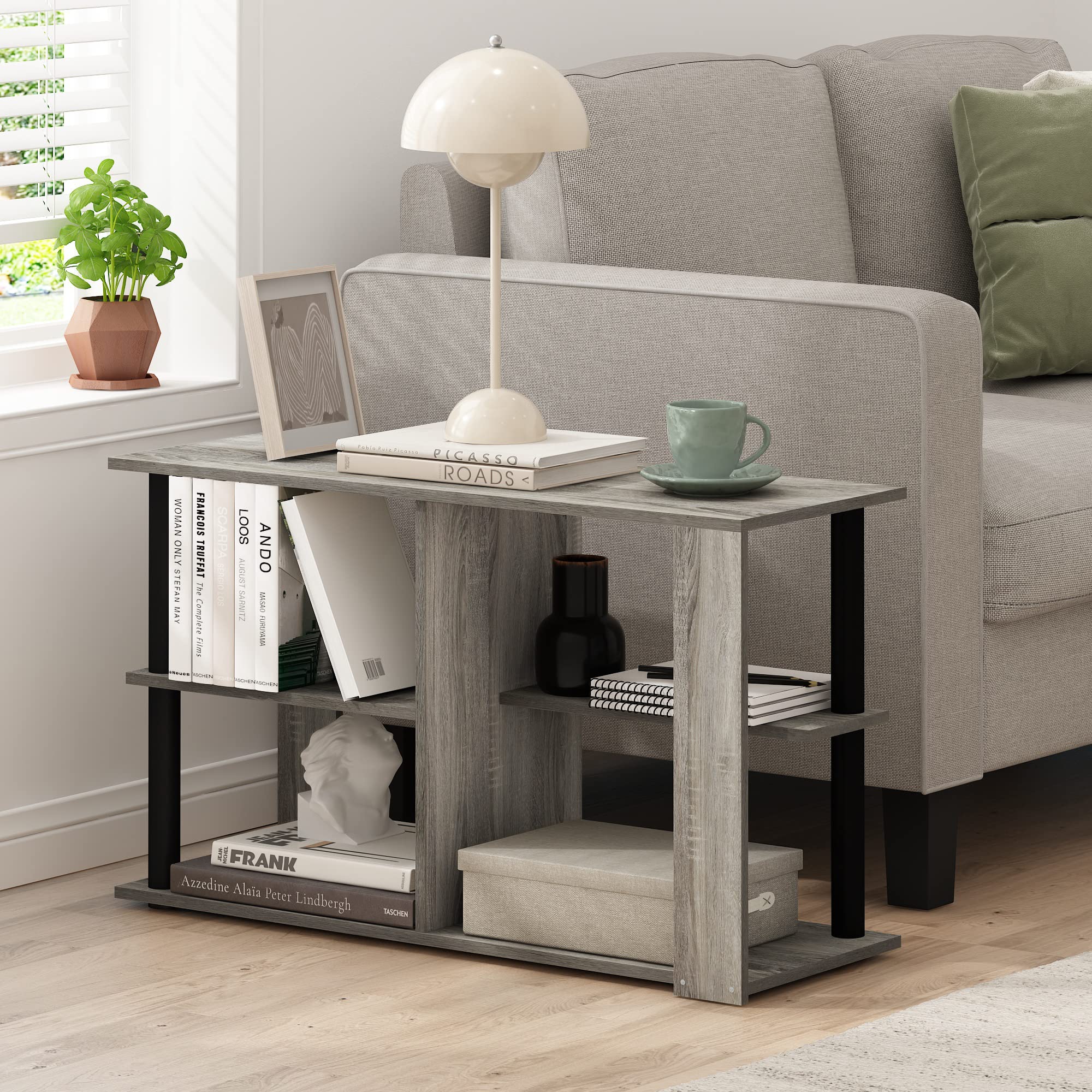 Furinno Romain Narrow End Table with Shelves, French Oak/Black
