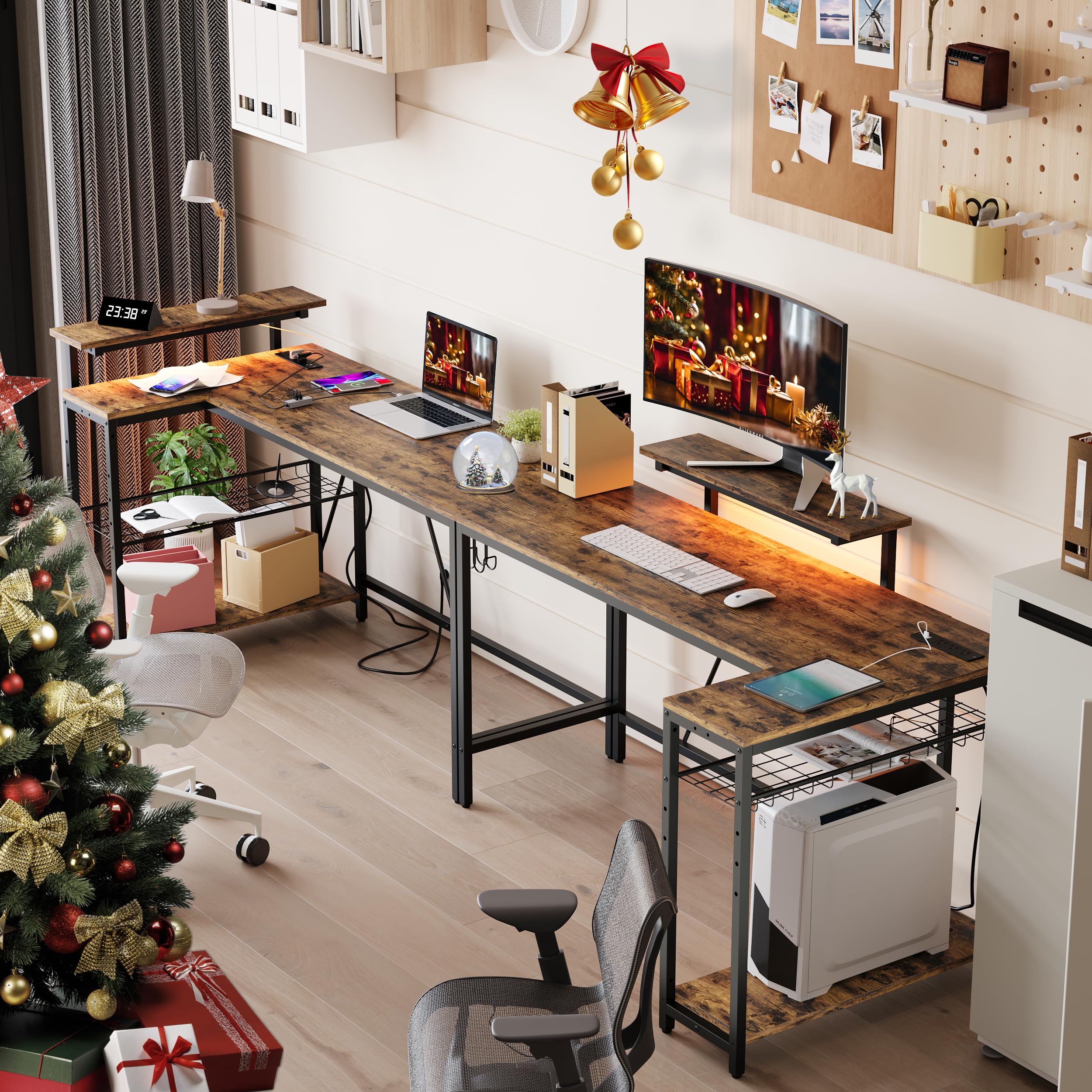 Bestier 58 L Shaped Desk With Power Outlets,Home Office Corner Desk With Reversible Shelves & Led Lights - Modern Simple Writing Study Desk For Small Space,Rustic Brown