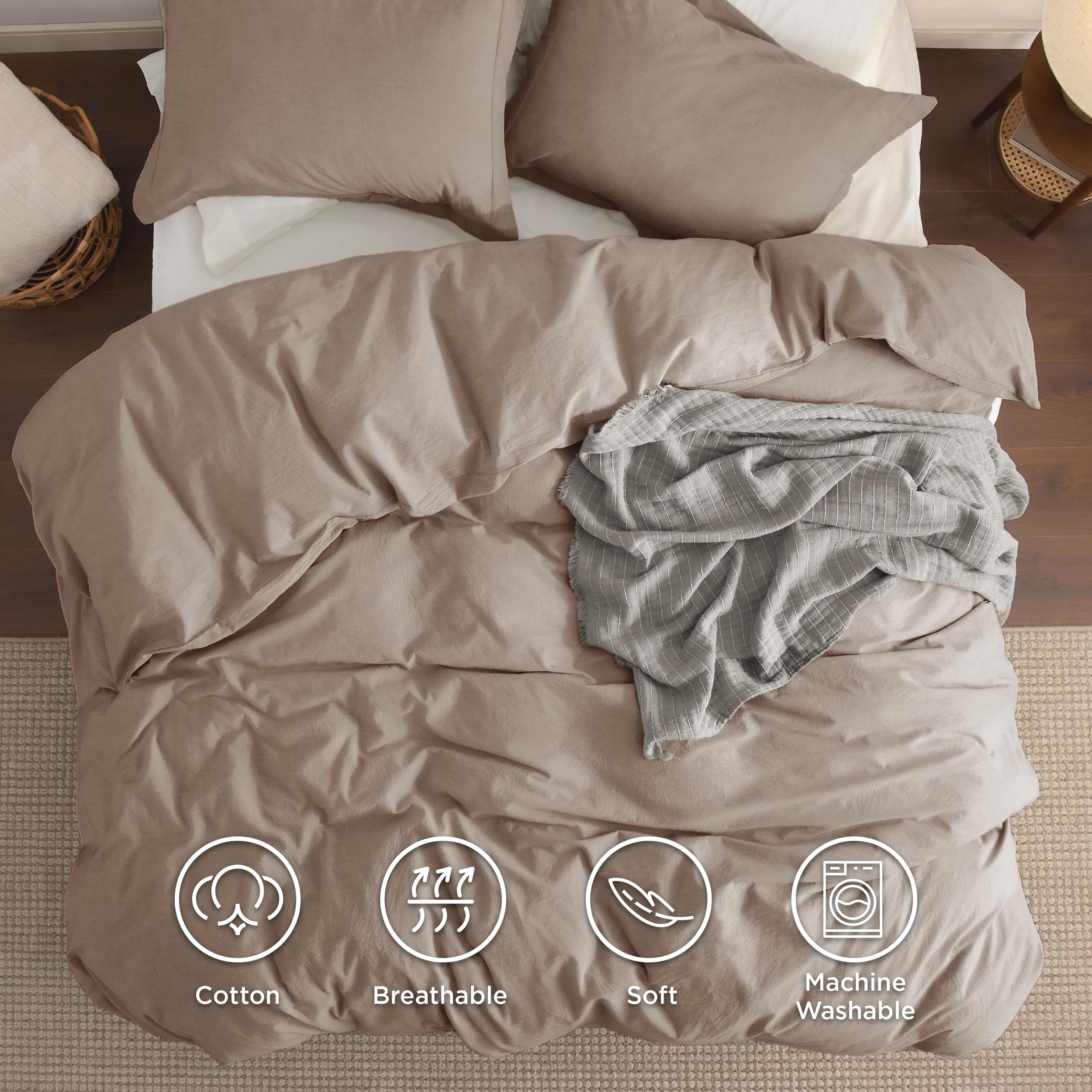 Bedsure 100% Washed Cotton Duvet Cover Queen - Taupe Minimalist Cotton Duvet Cover Set Linen Like - 3 Pieces Gentlesoft™ Plain Simple Bedding Set With 2 Pillow Shams (Taupe, Queen, 90'X90')