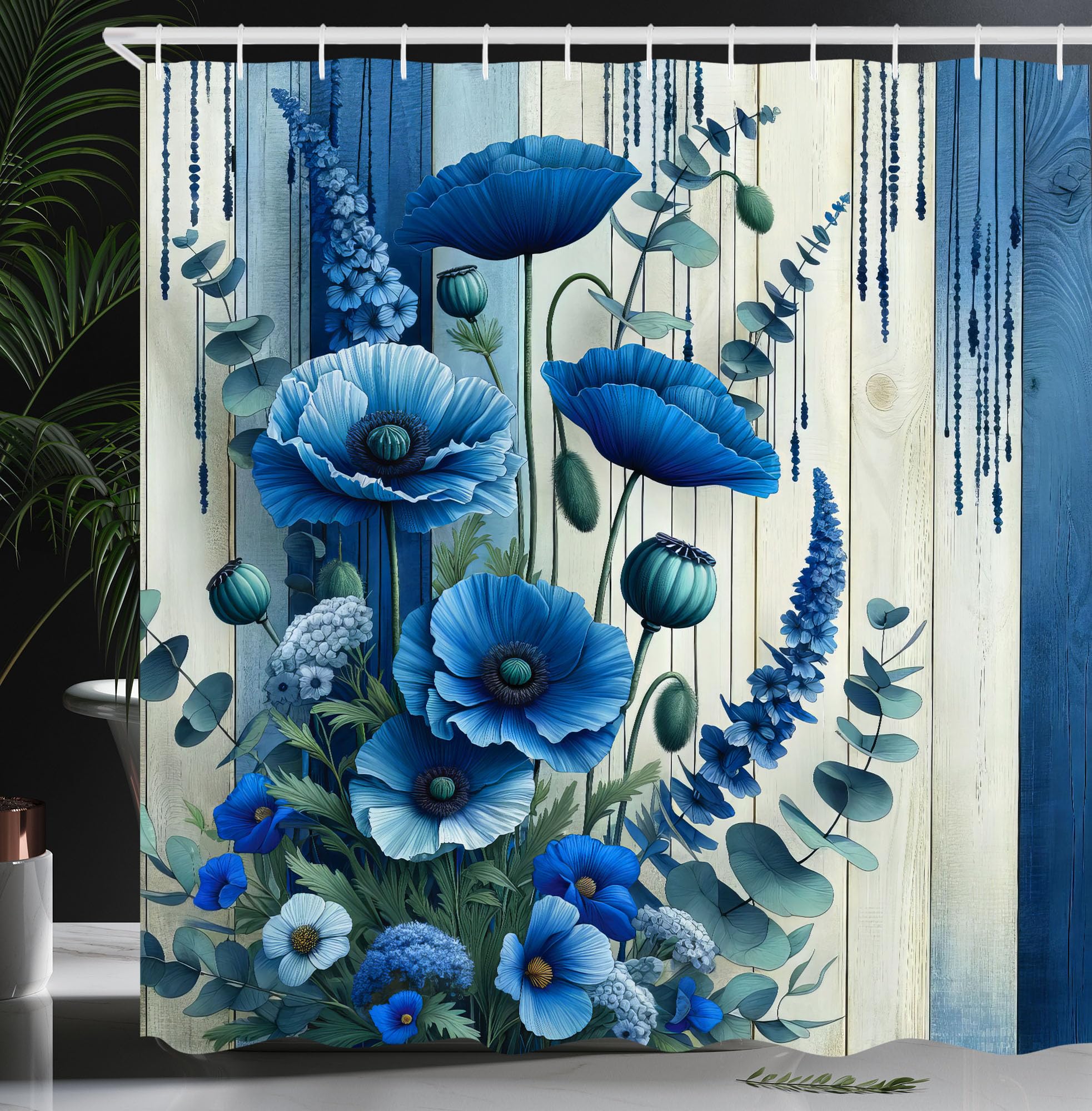 Ambesonne Blue Shower Curtain, Poppy Flowers Meadow Bouquet on Rustic Grunge Look Wooden Plank Back, Cloth Fabric Bathroom Decor
