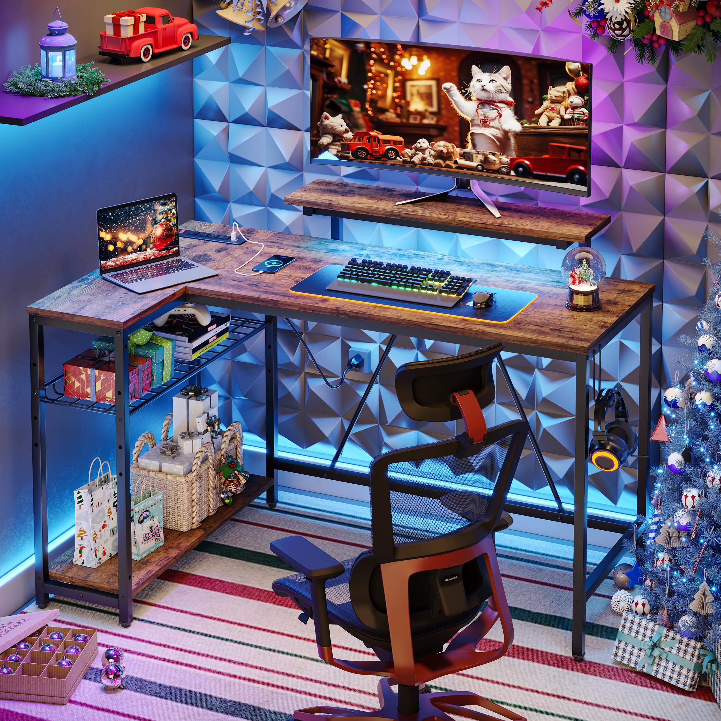 Bestier 58 L Shaped Desk With Power Outlets,Home Office Corner Desk With Reversible Shelves & Led Lights - Modern Simple Writing Study Desk For Small Space,Rustic Brown