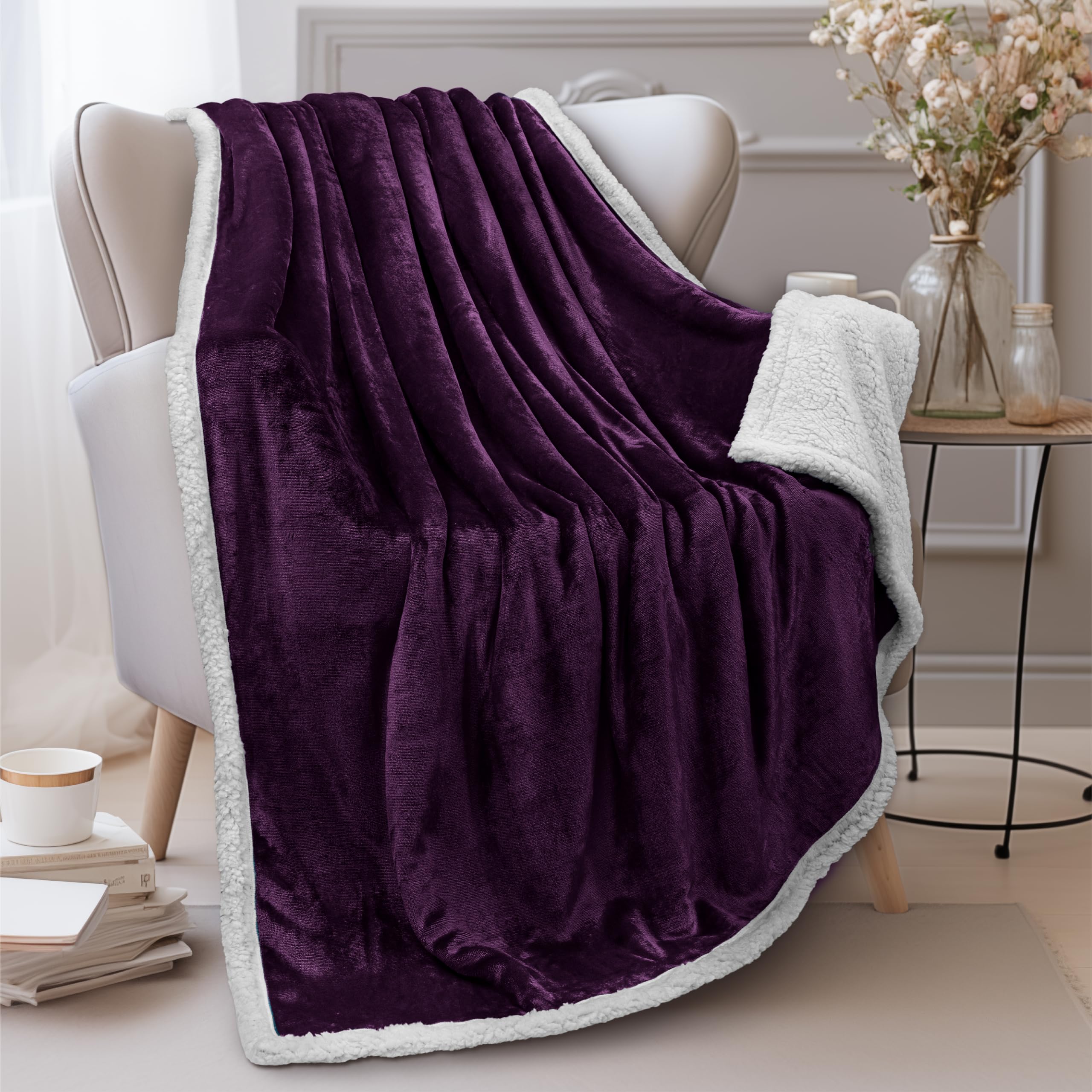 Pavilia Purple Sherpa Fleece Throw Blanket For Couch, Soft Thick Bed Blanket For Sofa, Cozy Warm Throw Blanket All Season, Fuzzy
