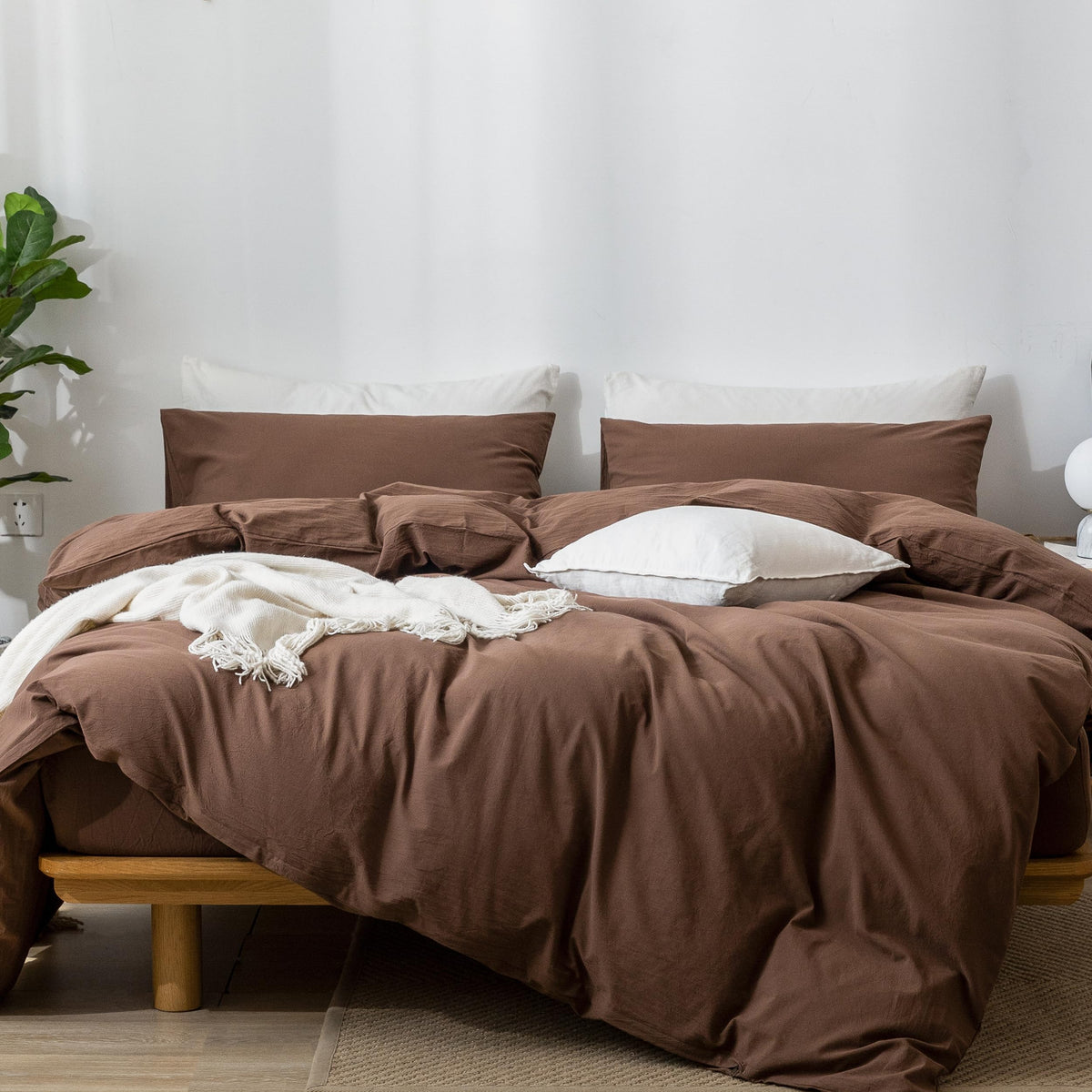 Moomee Bedding Duvet Cover Set 100% Washed Cotton Linen Like Textured Breathable Durable Soft Comfy (Cocoa Brown, Super Queen)