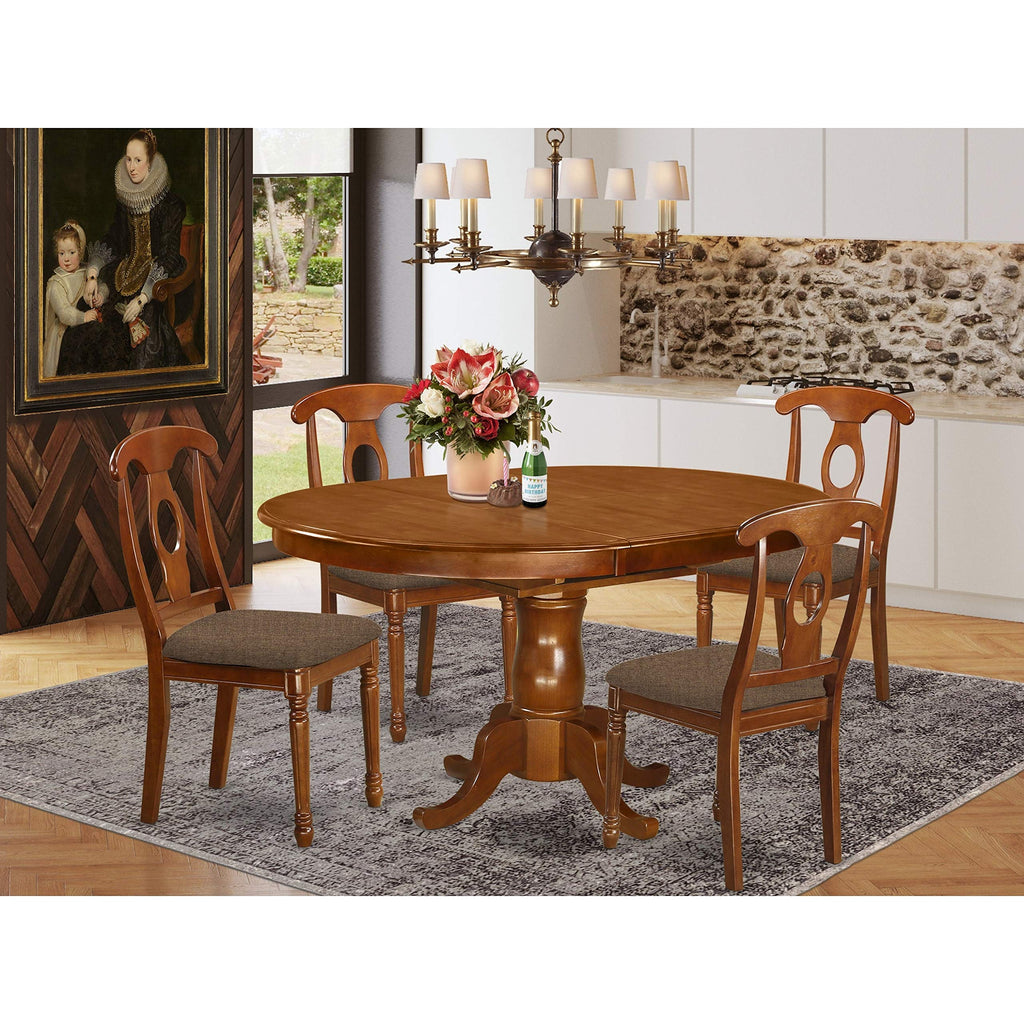 East West Furniture Portland 5 Piece Modern Set Includes an Oval Wooden Table with Butterfly Leaf and 4 Linen Fabric Dining Room Chairs, 42x60 Inch, Saddle Brown