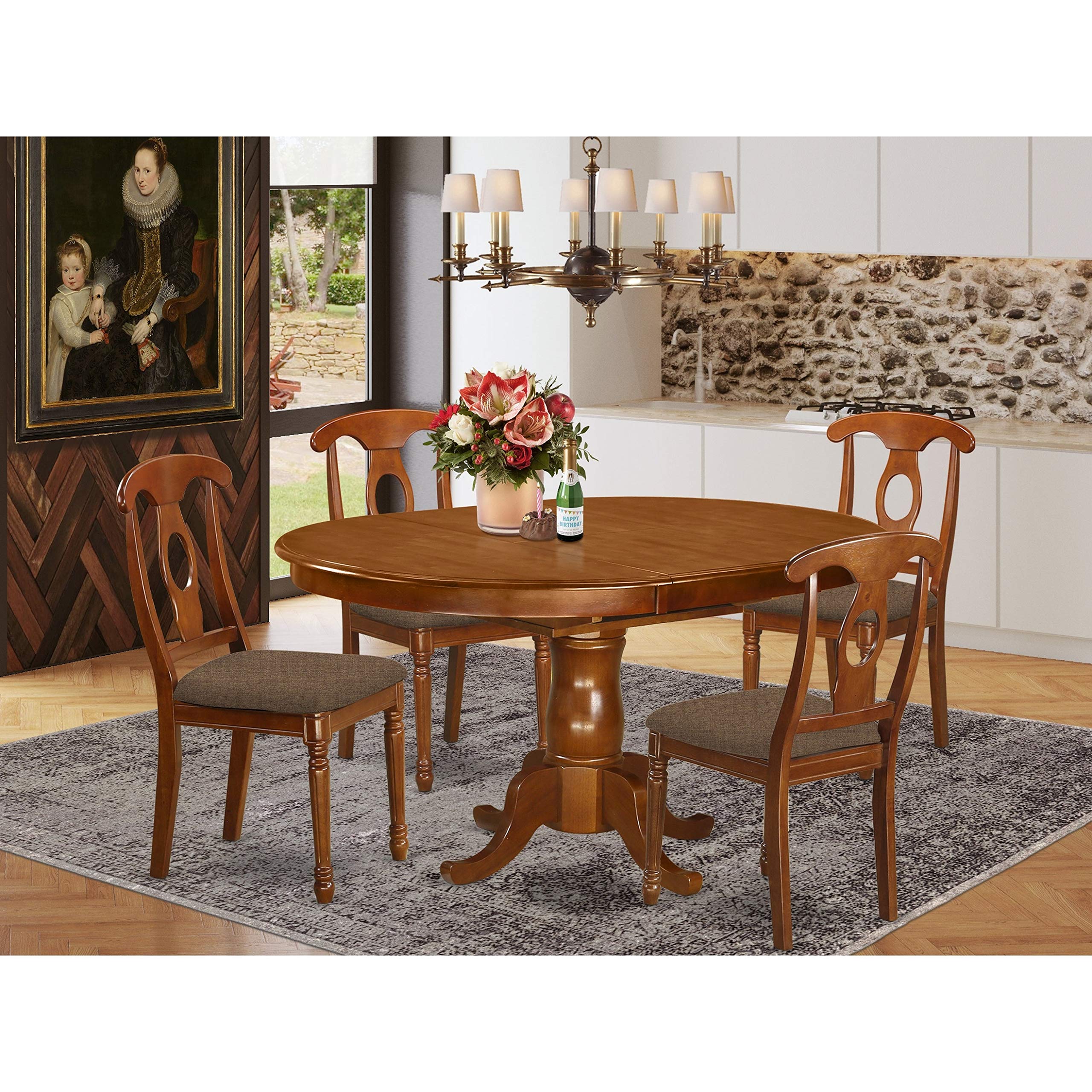 East West Furniture Portland 5 Piece Modern Set Includes an Oval Wooden Table with Butterfly Leaf and 4 Linen Fabric Dining Room Chairs, 42x60 Inch, Saddle Brown