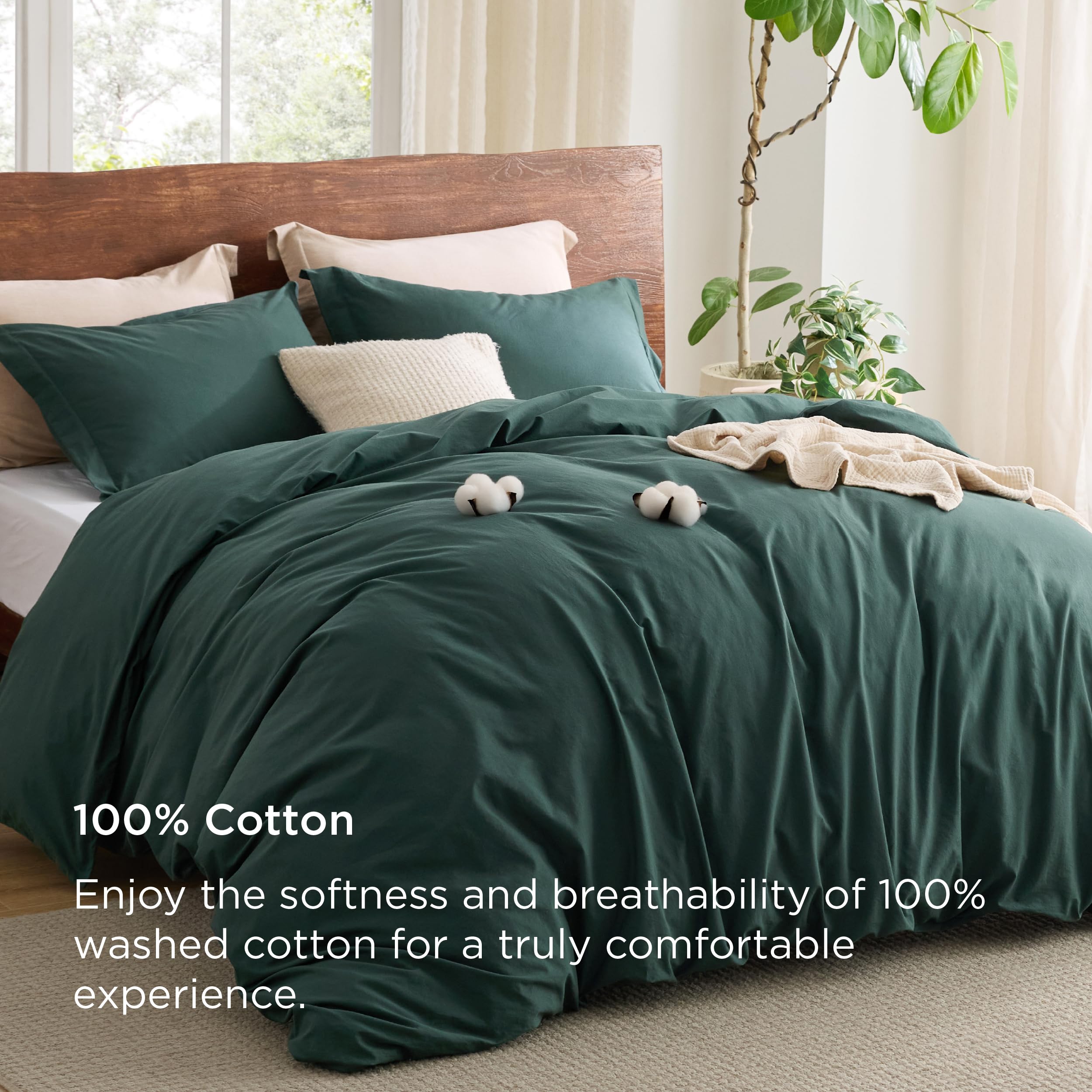 Bedsure 100% Washed Cotton Duvet Cover King Size - Forest Green Minimalist Cotton Duvet Cover Linen Like - Gentlesoft™ Plain Simple Bedding Set With 2 Pillow Shams (Forest Green, King, 104'X90')