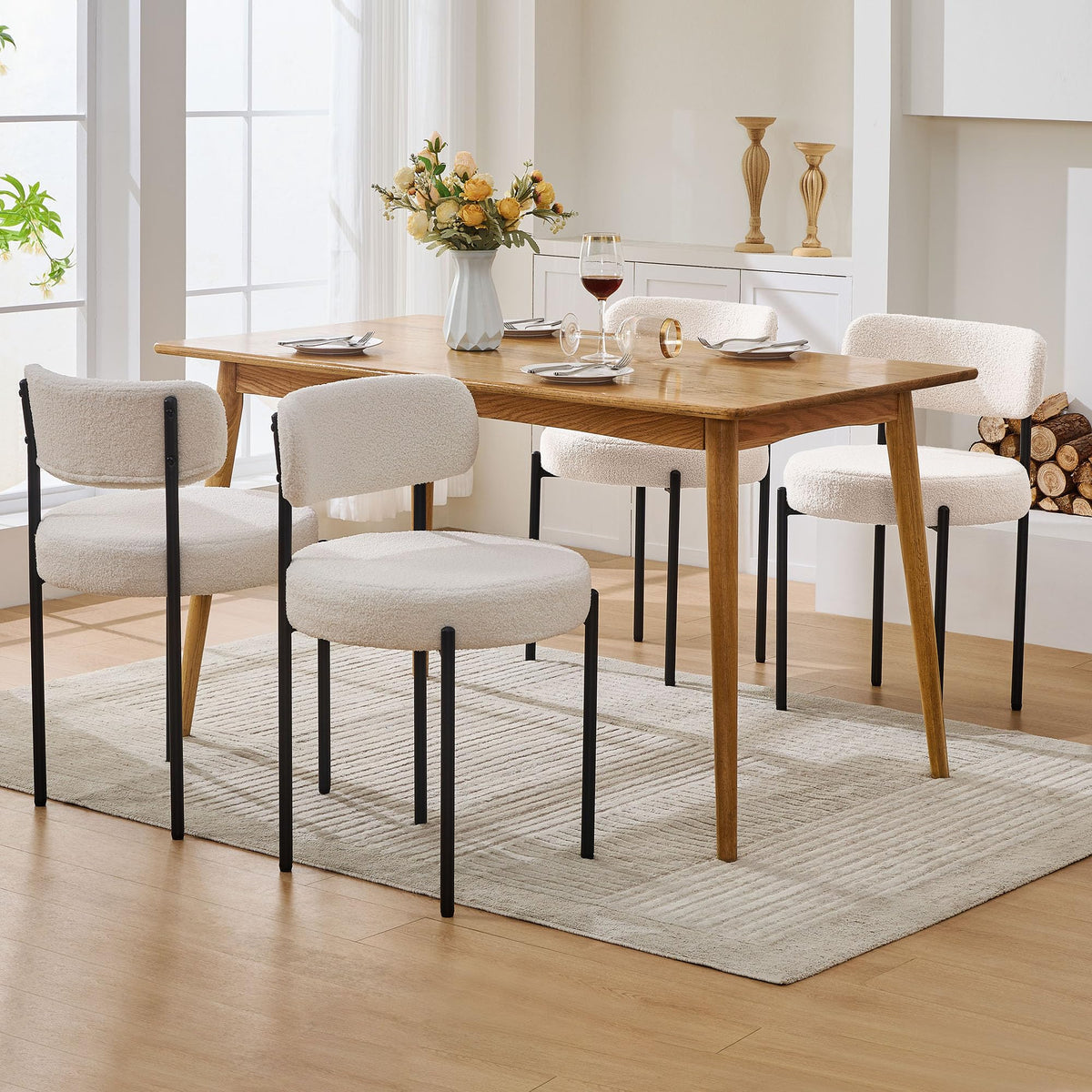 Viroformo Dining Chairs Set Of 4, White Boucle Dining Chair, Curved Backrest Upholstered Dining Room Chairs With Black Metal Leg
