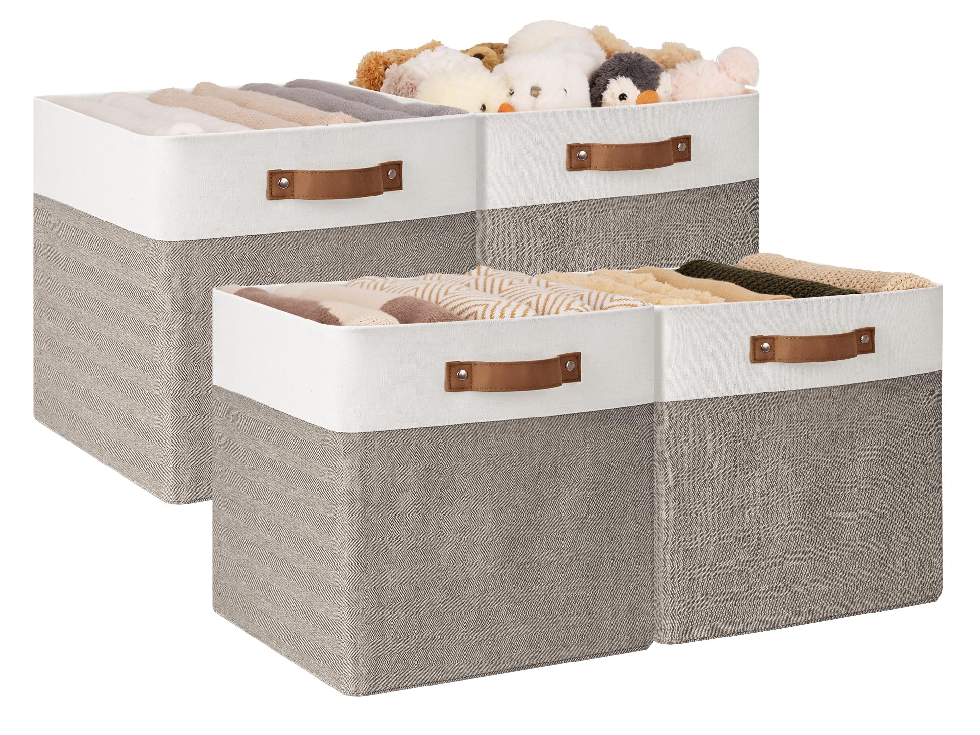 StorageWorks 13x13 Storage Cubes, Collapsible Storage Bins Organizer for Closet, Fabric Storage Box with PU Handles, Brown and W