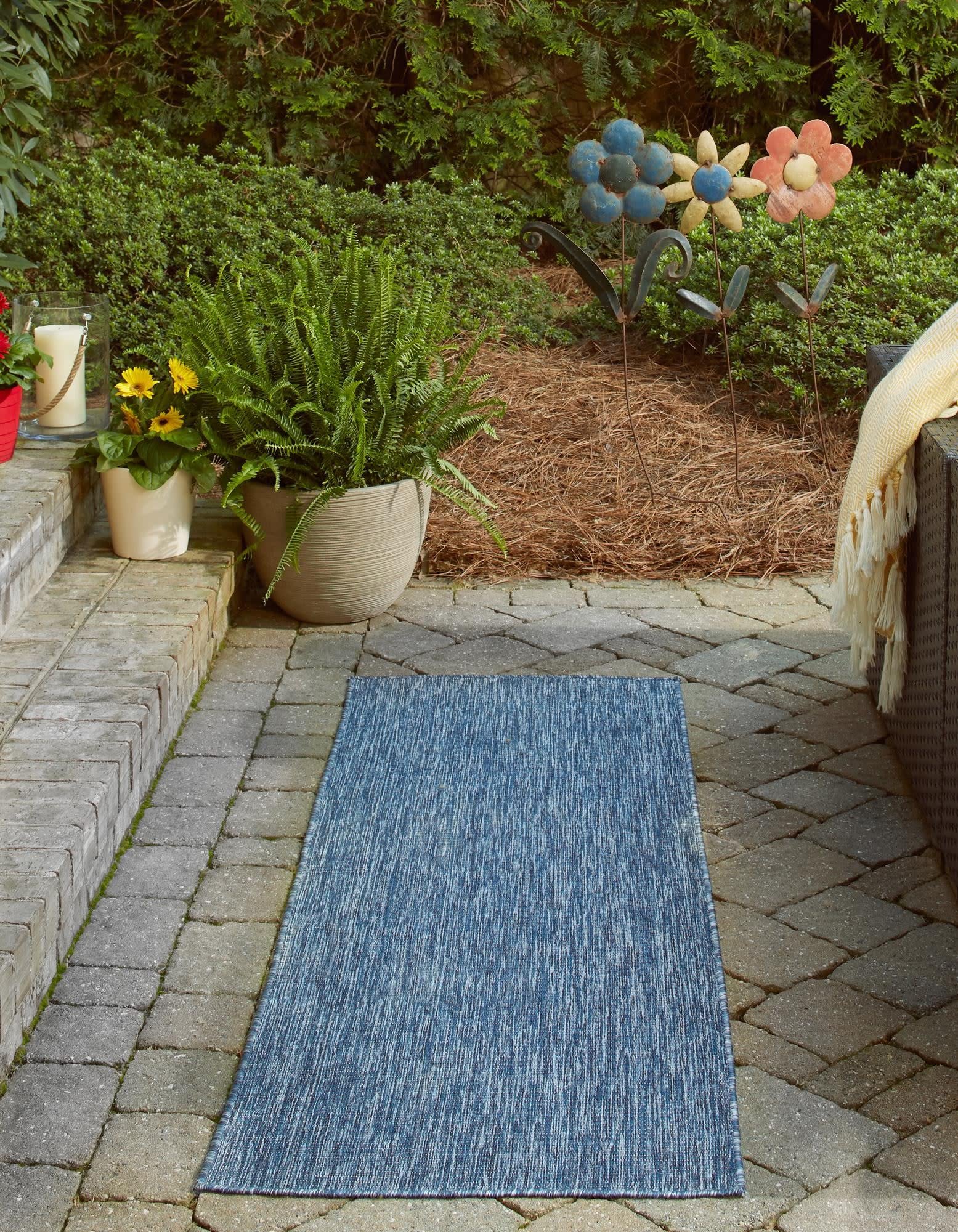 Unique Loom Collection Casual Transitional Solid Heathered Indoor/Outdoor Flatweave Area Rug (2' X 8' Runner, Blue/Navy Blue)