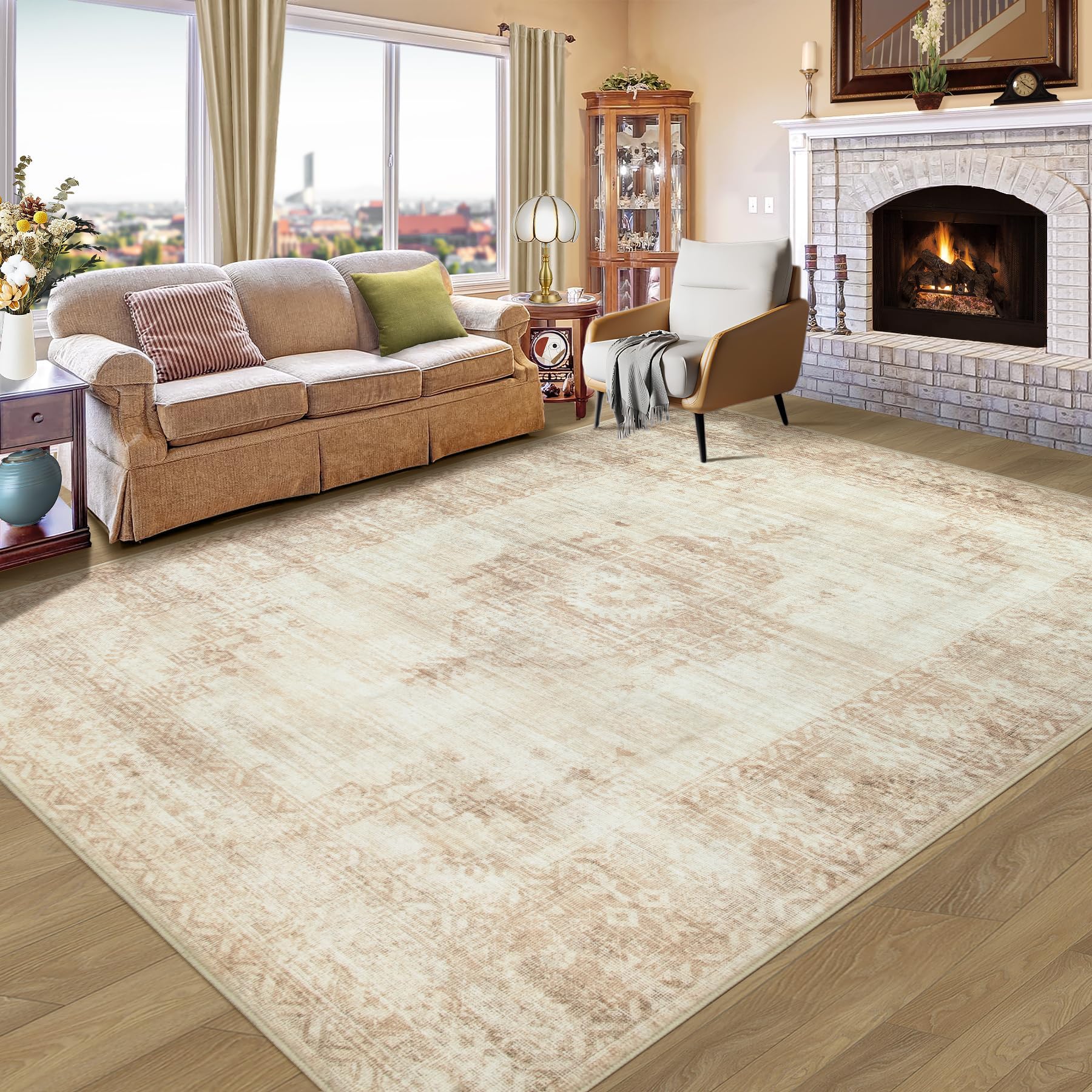 Vintage Living Room Area Rug - 6x9 Large Machine Washable Boho Moroccan Distressed Farmhouse Rugs for Bedroom - Soft Non-Slip In