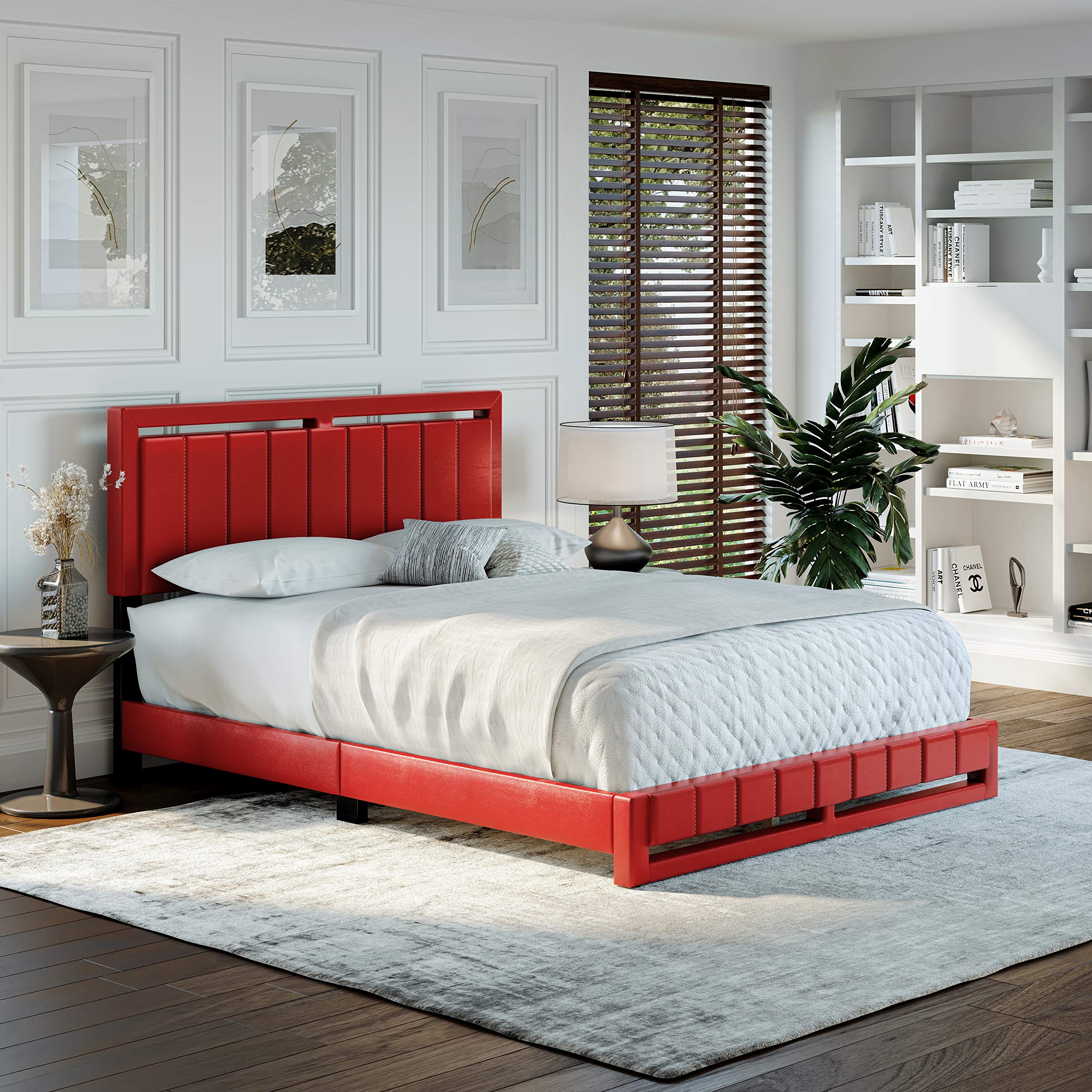 Boyd Sleep Beaumont Upholstered Platform Bed with Headboard, Mattress Foundation with Strong 14 Wood Slat Supports, No Box Spring Required, Red Faux Leather, Size Full