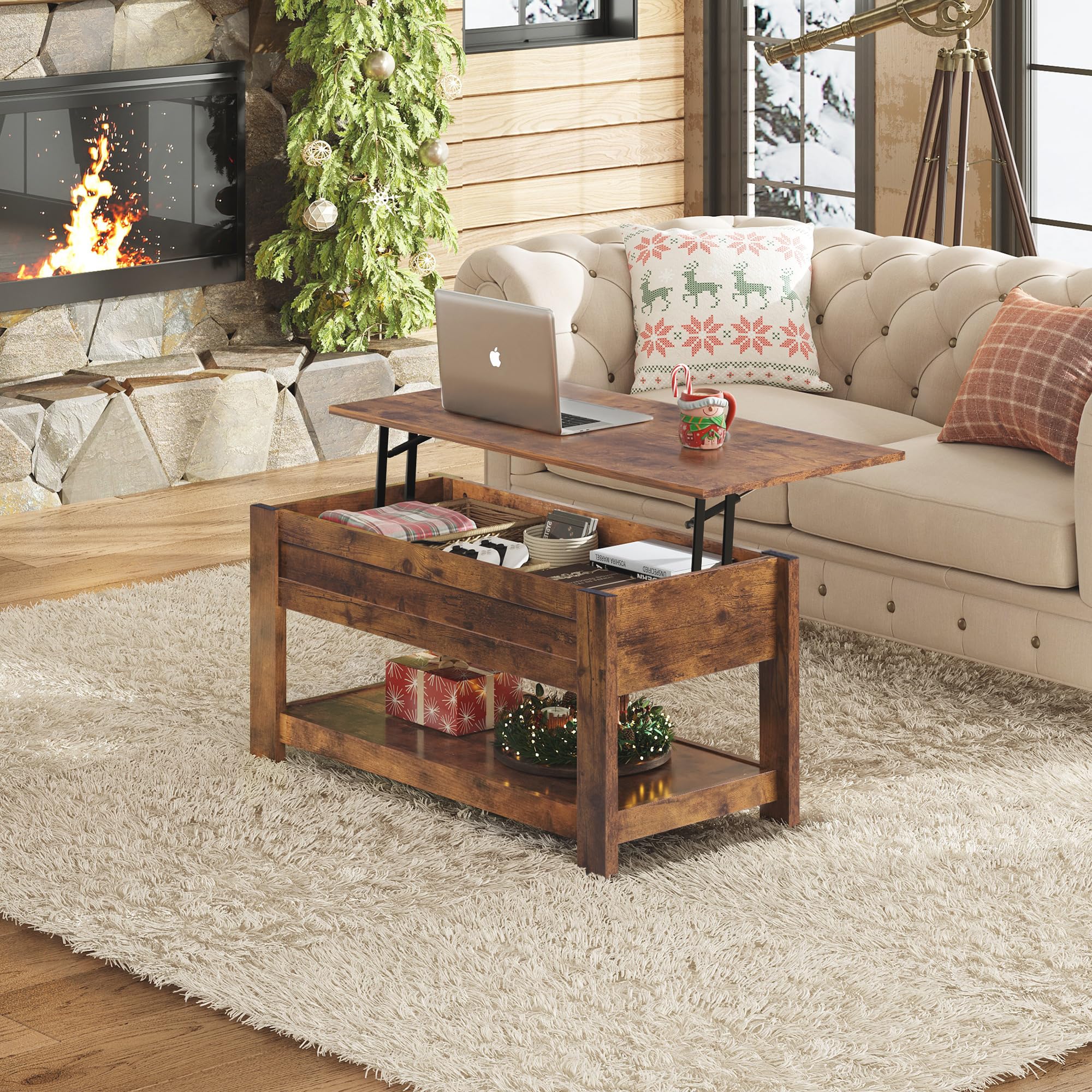 Wlive Coffee Table, 39' Lift Top Coffee Table With Hidden Compartment And Storage Shelf For Living Room, Rustic Brown