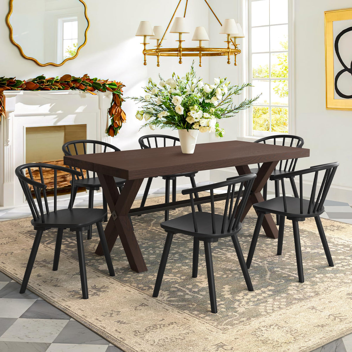 Lue Bona Black Dining Chairs Set Of 8, Farmhouse Wood Dining Chairs With Semicircular Backrest, Spindle Dining Chair For Kitchen