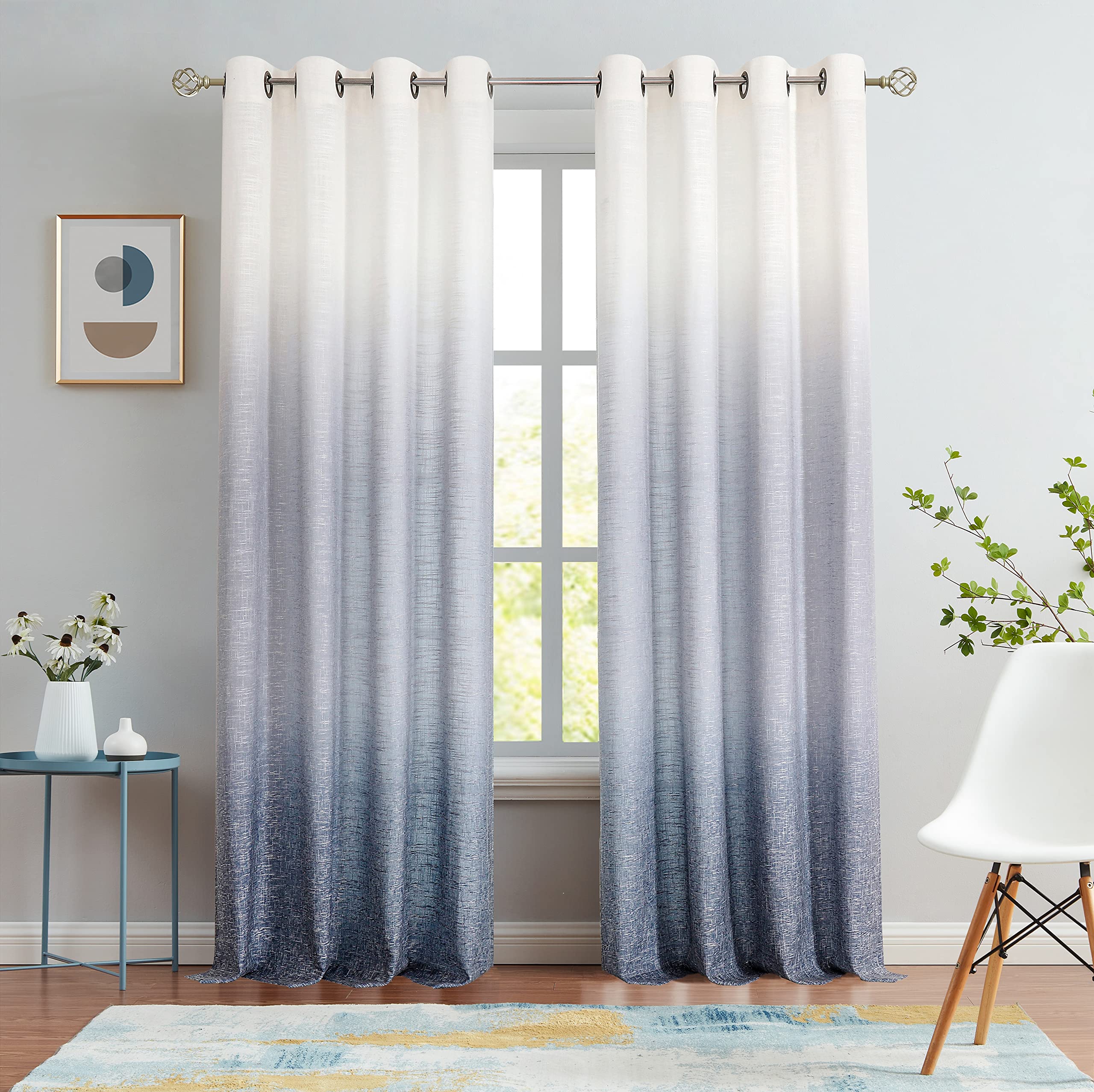 West Lake Indigo Blue Ombre Curtains 84 Inches Long Semi Sheer Gradient Curtain 2 Panels Rayon Blend Fabric Drapes Grommets Trea
