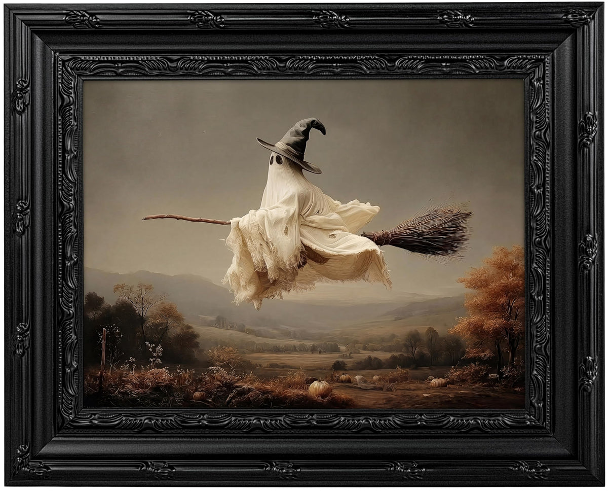 Framed Ghost Halloween Canvas Wall Art Witchy Broom Wall Decor 12x16 Inch