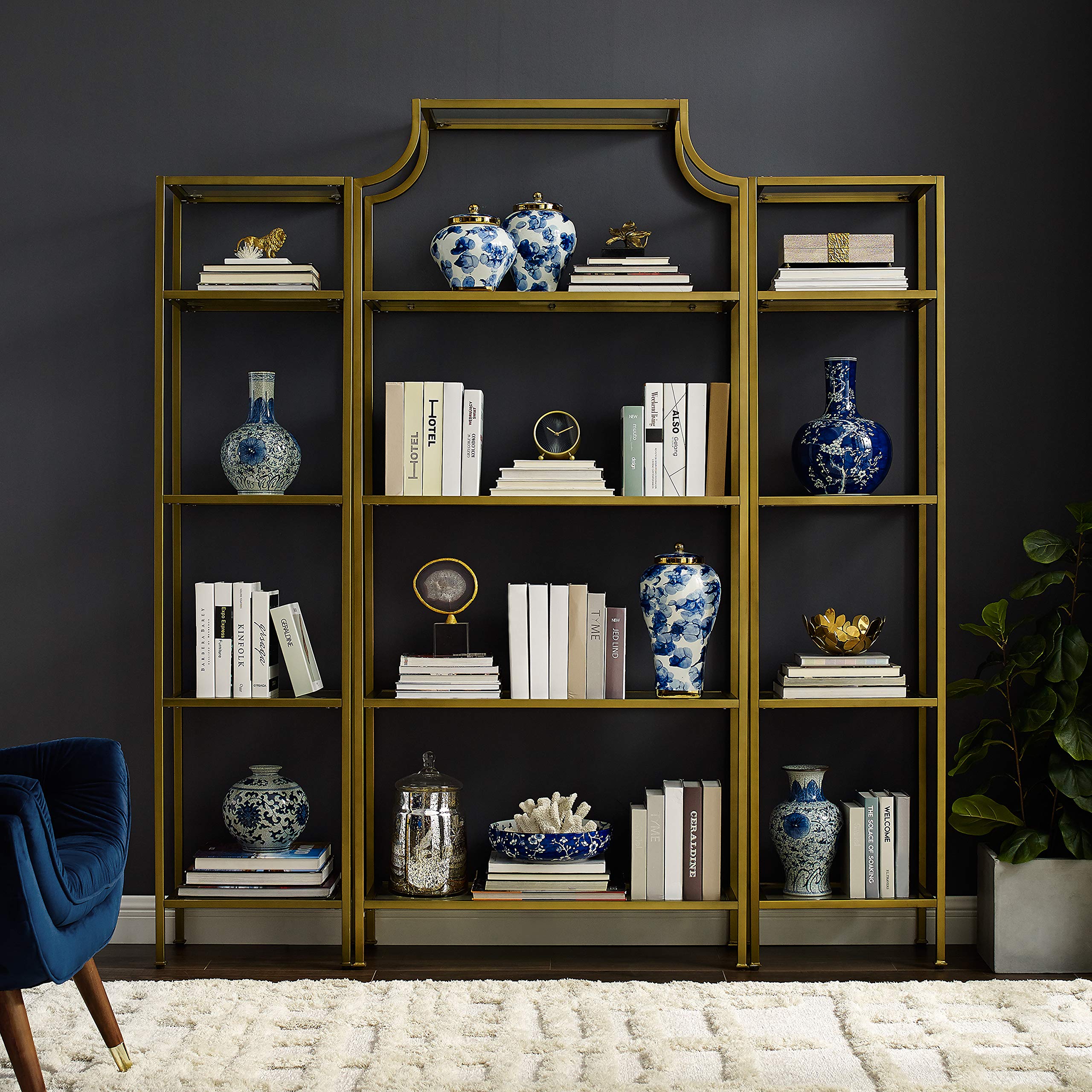 Crosley Furniture Aimee 3-Piece Bookshelf Set with Glass Shelves, Bookcase Storage, Gold and Glass