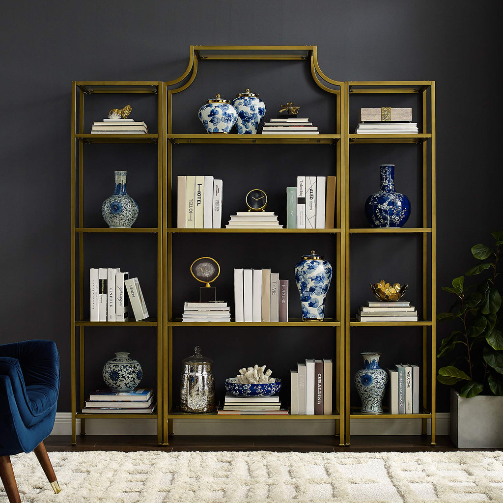 Crosley Furniture Aimee 3-Piece Bookshelf Set with Glass Shelves, Bookcase Storage, Gold and Glass