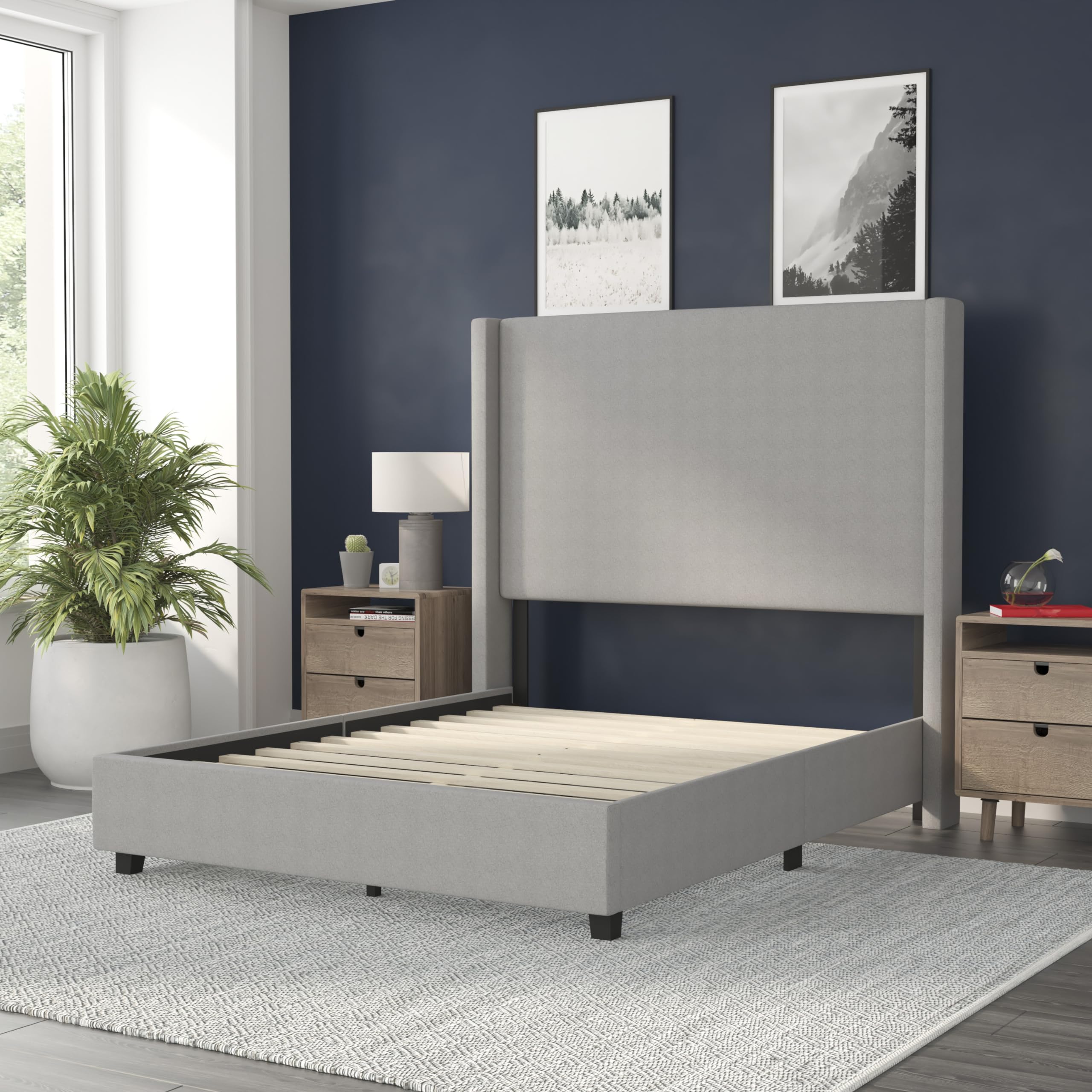 Flash Furniture Quinn Upholstered Platform Bed - Gray Channel Stitched Wingback Headboard - Full - Mattress Foundation with Slatted Supports - No Box Spring Needed