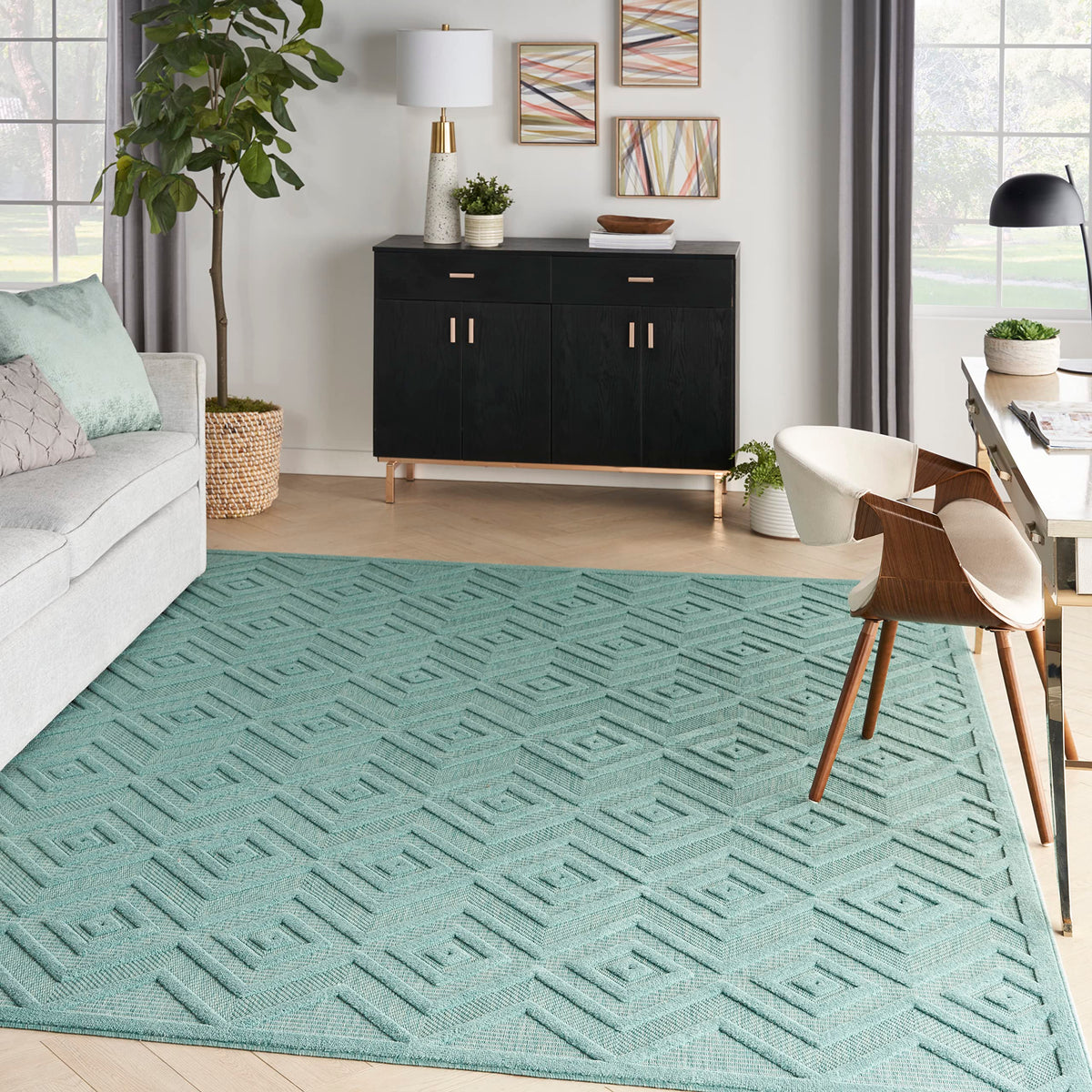 Nourison Versatile Indoor/Outdoor Aqua/Teal 7' X 10' Area Rug, Easy Cleaning, Non Shedding, Bed Room, Living Room, Dining Room, Deck, Backyard, Patio, High Traffic Area (7X10)