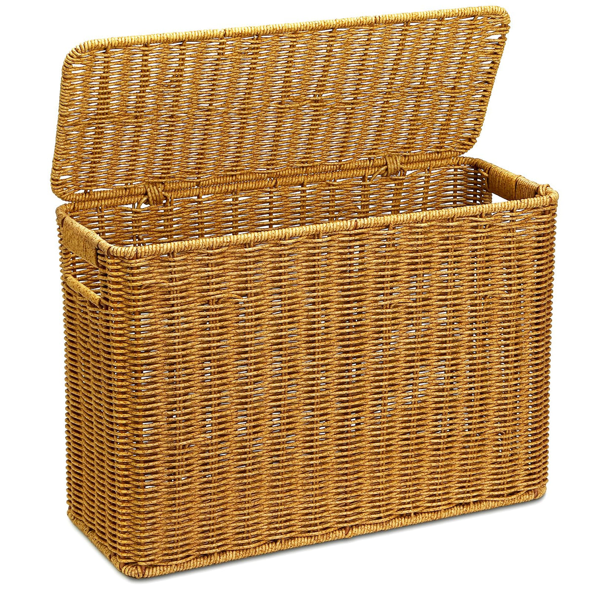 Pumtus Woven Storage Basket with Lid, 3 Gallon Decorative Plastic Organizer Box with Handle, Rectangle Narrow Tall Trash Can Toi