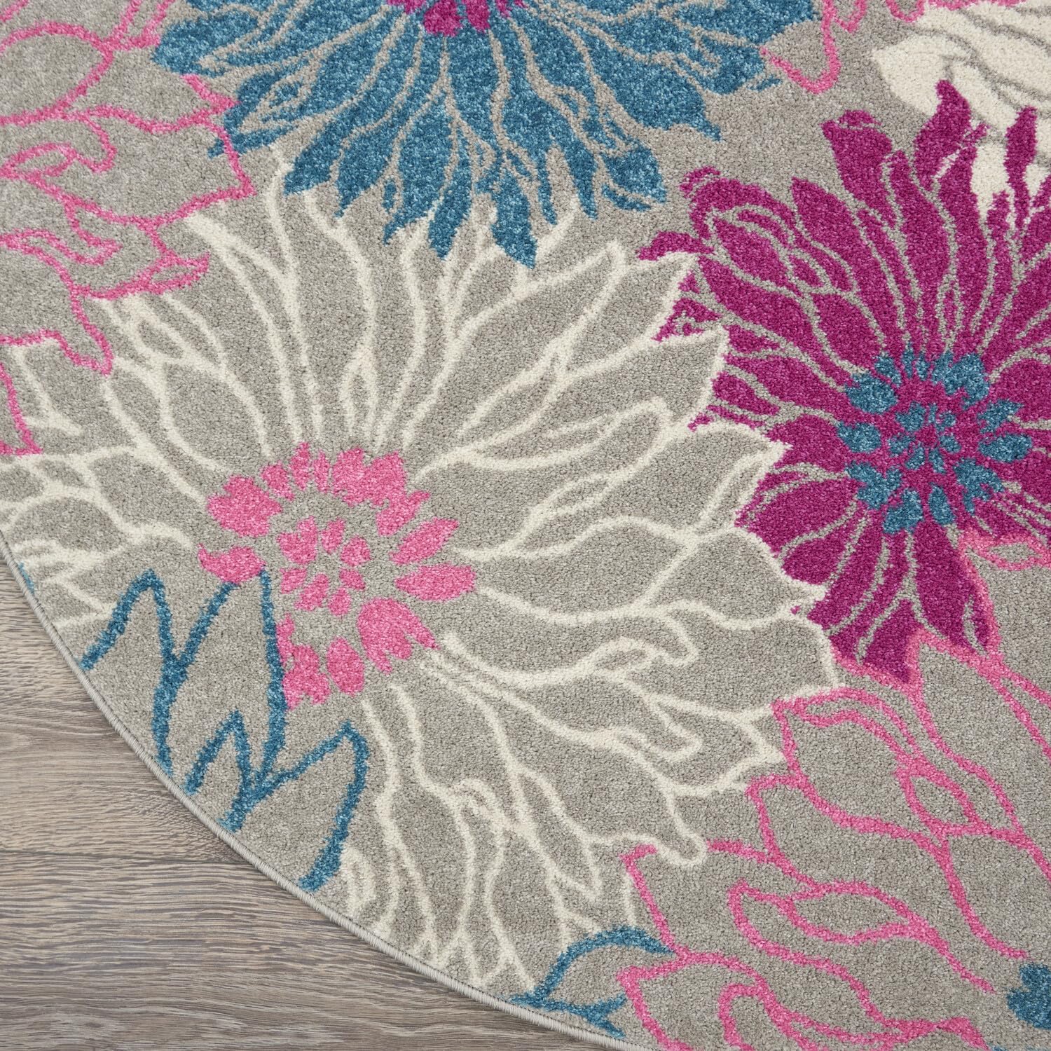 Nourison Passion Grey 8' X Round Area Rug, Floral, Farmhouse, Easy Cleaning, Non Shedding, Bed Room, Living Room, Dining Room, Kitchen, (8' Round)