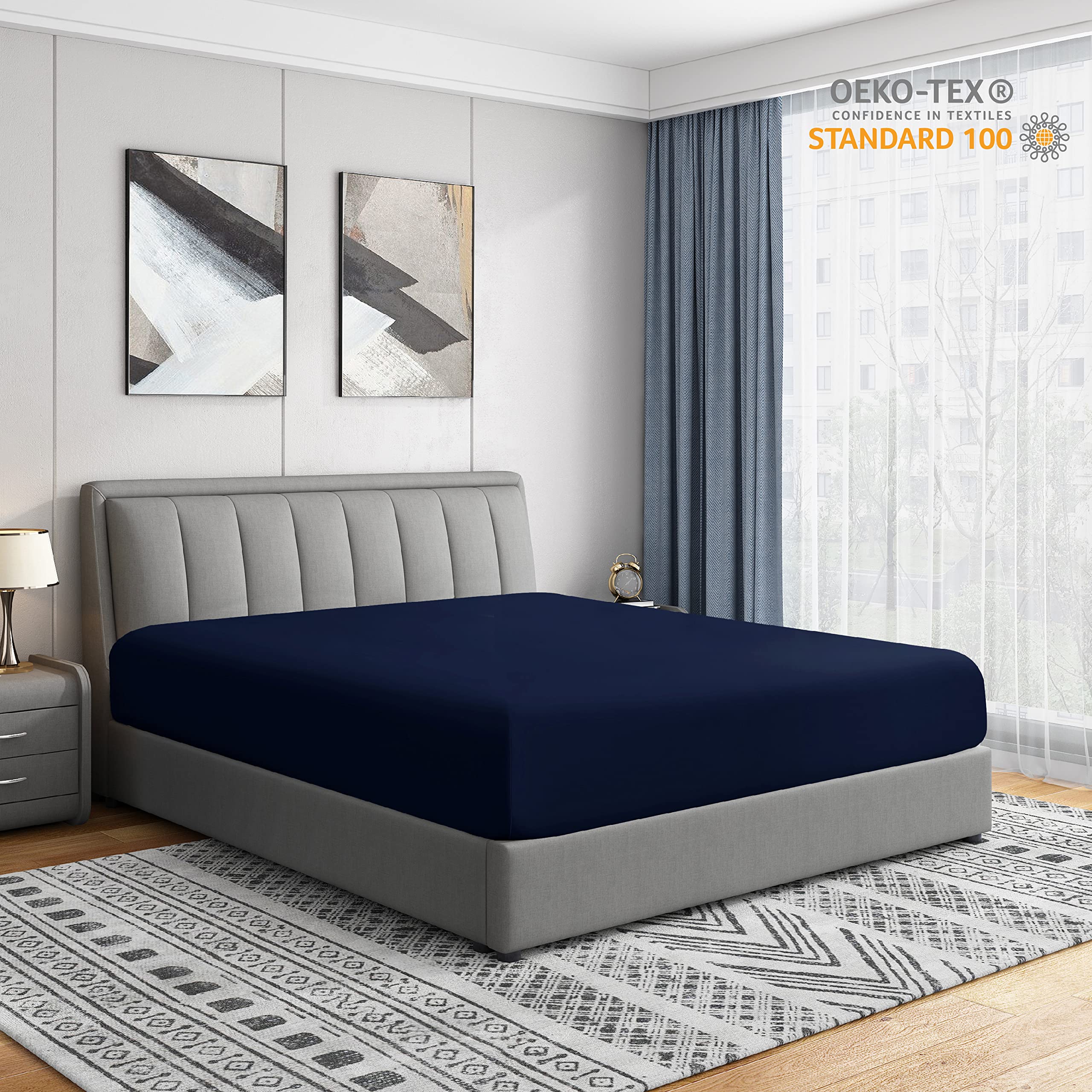 Cathay Home Queen Fitted Sheet - Double Brushed Ultra Soft – Wrinkle & Fade Resistant - 14' Standard Pocket Fitted Sheet Only - Good Fit For 12'-16' Deep Mattress (Queen, Navy)