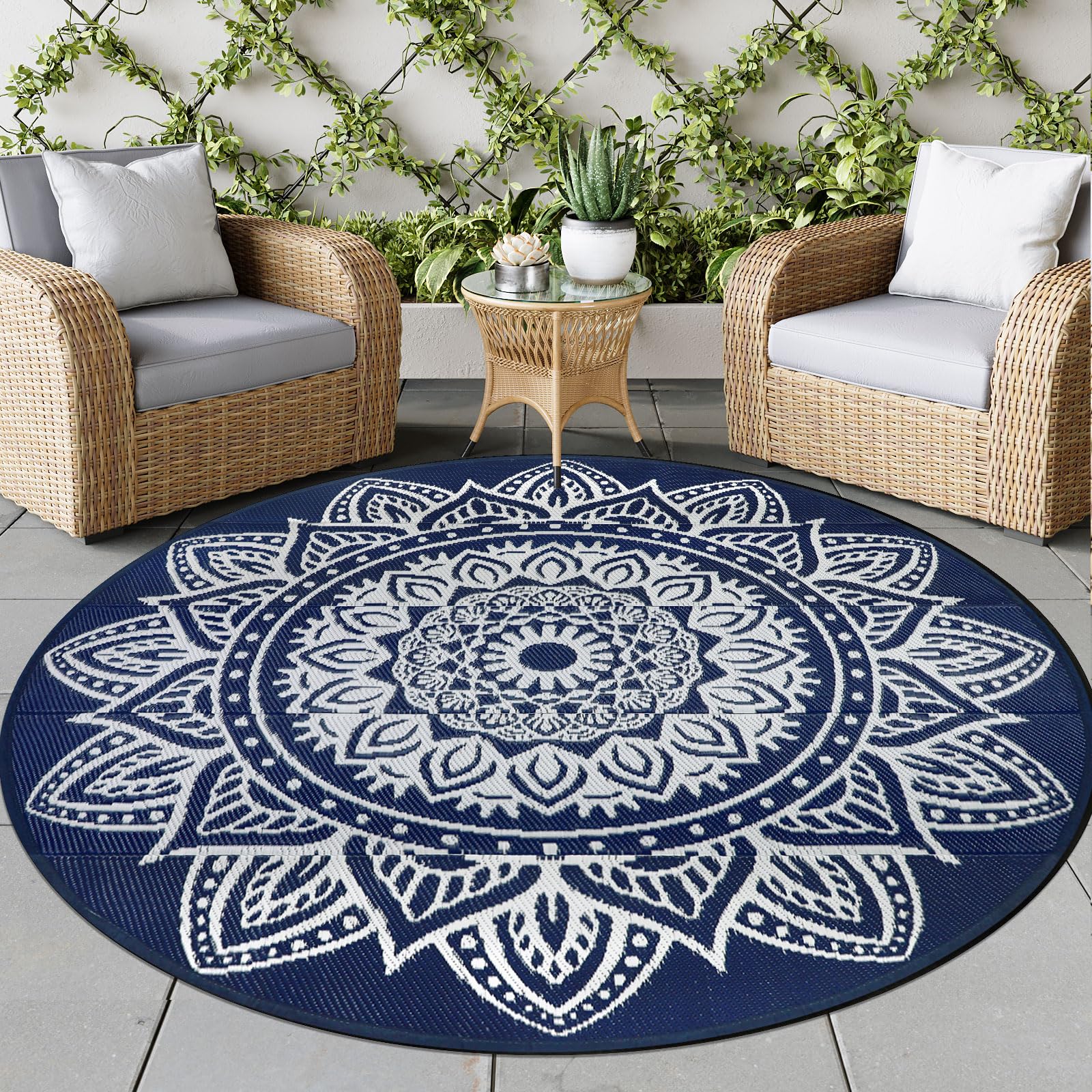 famibay Round Outdoor Rug 8ft Boho Round Patio Rug Waterproof Plastic Outdoor Carpet for Patio All Weather Camping Rugs RV Mats 
